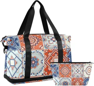 Folk Mosaic with Orange Versatile Sports Travel Bag - Lasting Twill Tote, Removable Wheel & Rod Bagging, Multi-pocket Design, Complimentary Makeup Bag