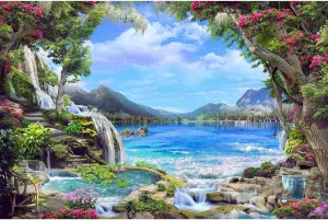 Garden Waterfall Backdrop Mountain Lake Tropical Forest Photography Background Blue Sky Colorful Flowers Backdrop Decorations Waterfall Outdoor Background Portrait Photo Studio Props 7x5ft