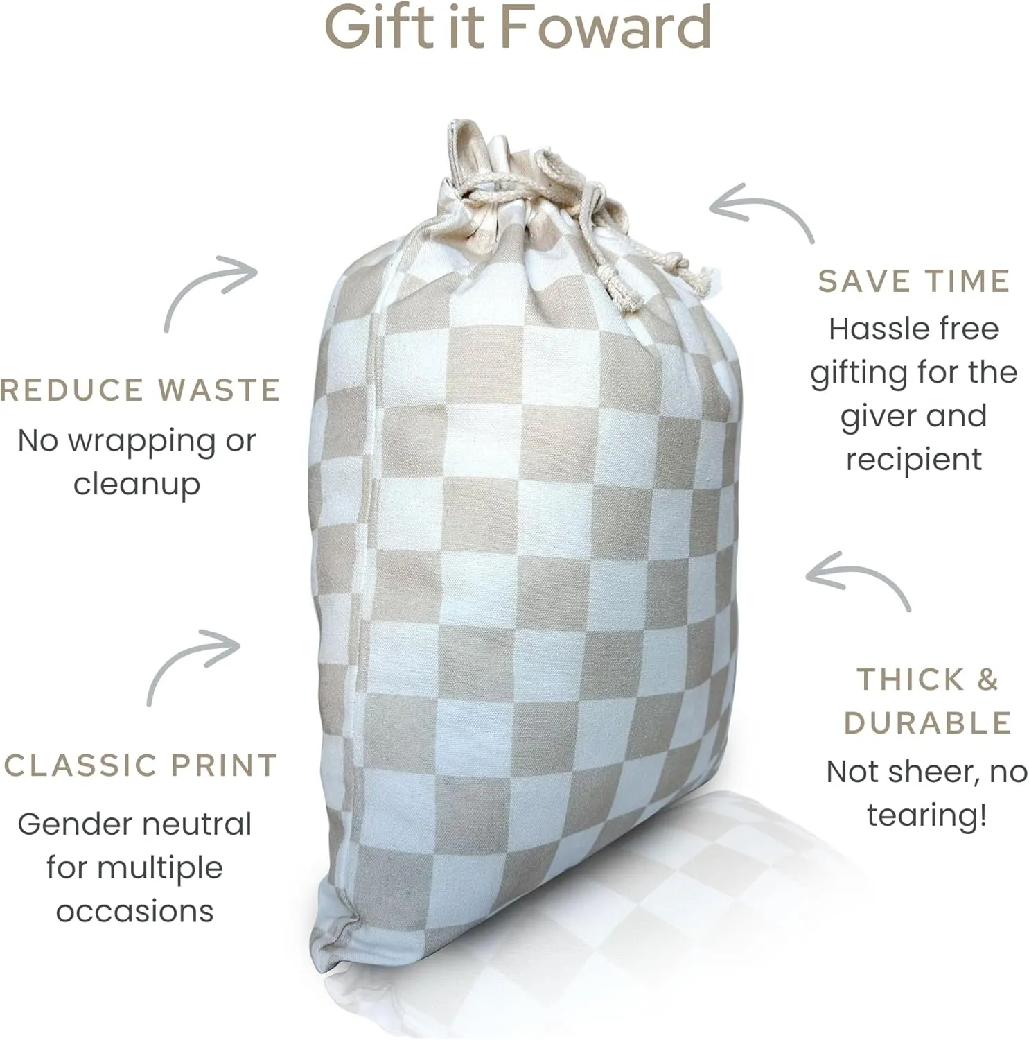 Gather & Knot Drawstring Gift Bags | 20" Large 12" Small | Premium Canvas | Reusable Fabric Wrap for All Occasions, Birthdays, Baby Shower | Gender Neutral Unisex | Checkers Taupe
