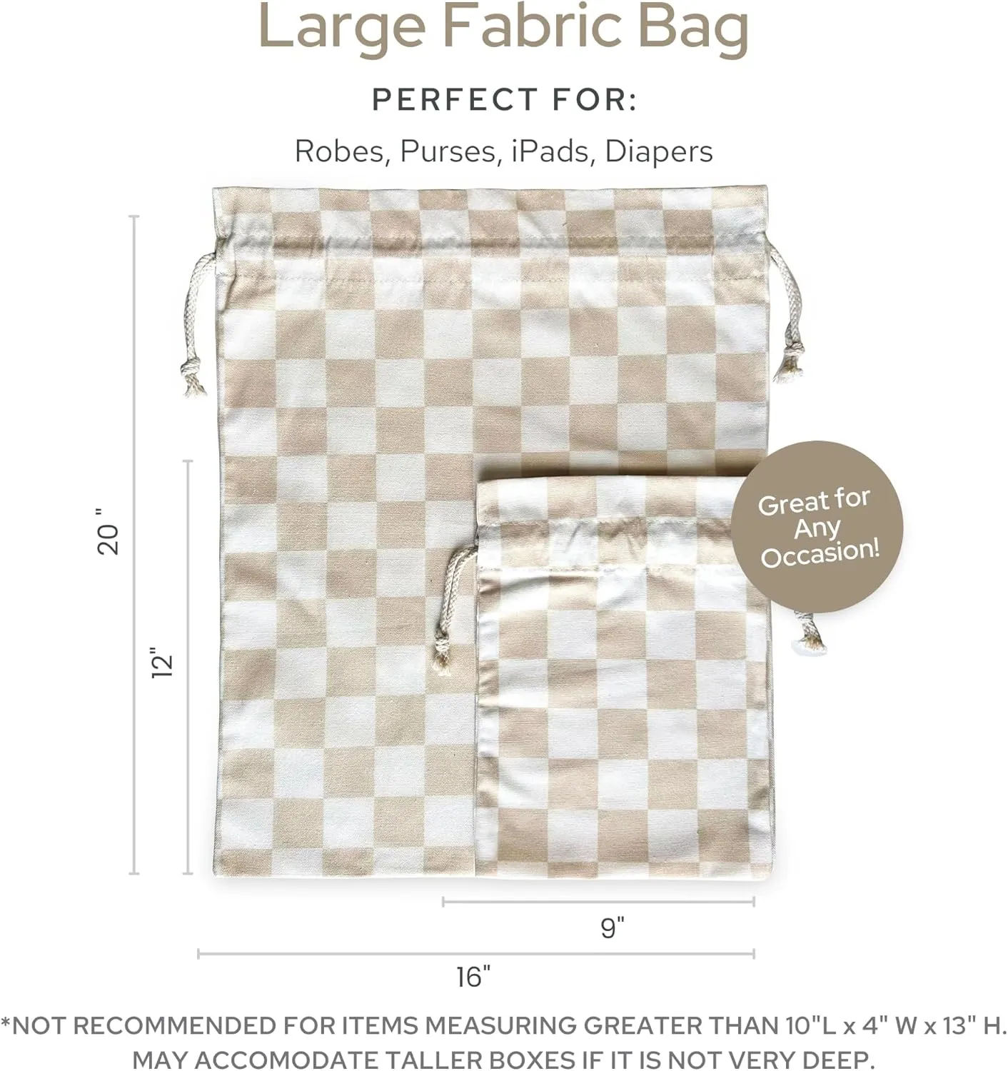 Gather & Knot Drawstring Gift Bags | 20" Large 12" Small | Premium Canvas | Reusable Fabric Wrap for All Occasions, Birthdays, Baby Shower | Gender Neutral Unisex | Checkers Taupe