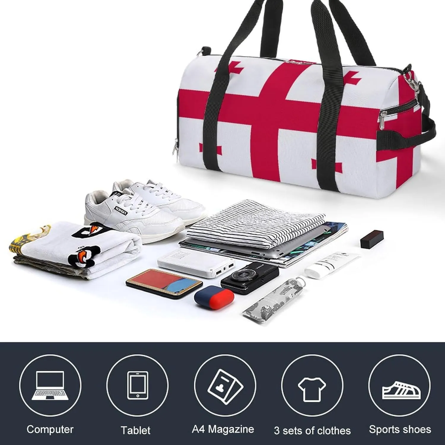 Georgia Flag Travel Gym Bag Waterproof Weekender with Shoe Compartment and Wet Pocket