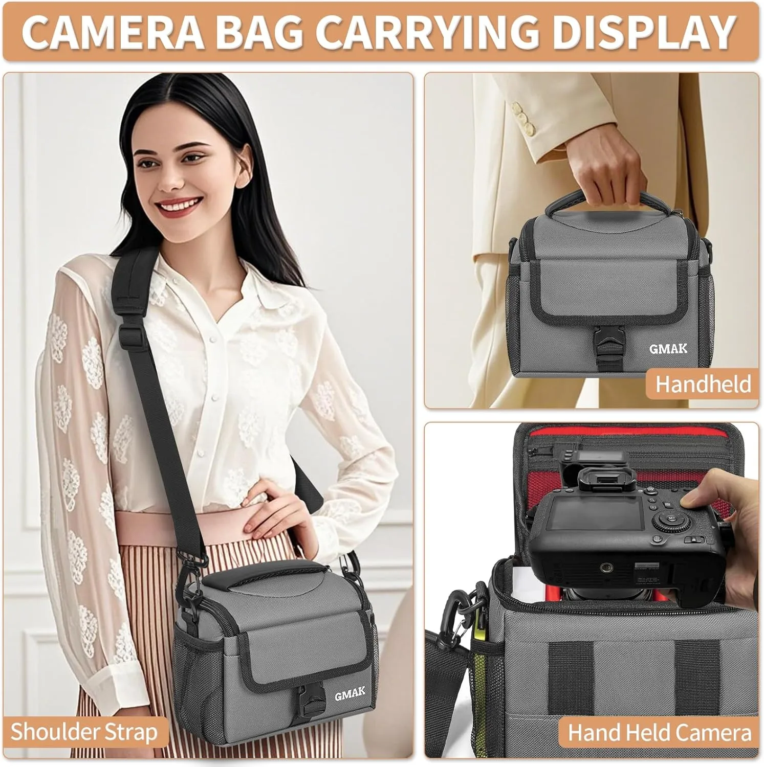 GMAK Small Camera Bag for Photographers, Anti-shock Camera Shoulder Bags with Water-resistant Rain Cover, Camera Case Compatible for DSLR/SLR/Mirrorless Cameras, 7.3'' × 4.2'' × 5.7'', Grey