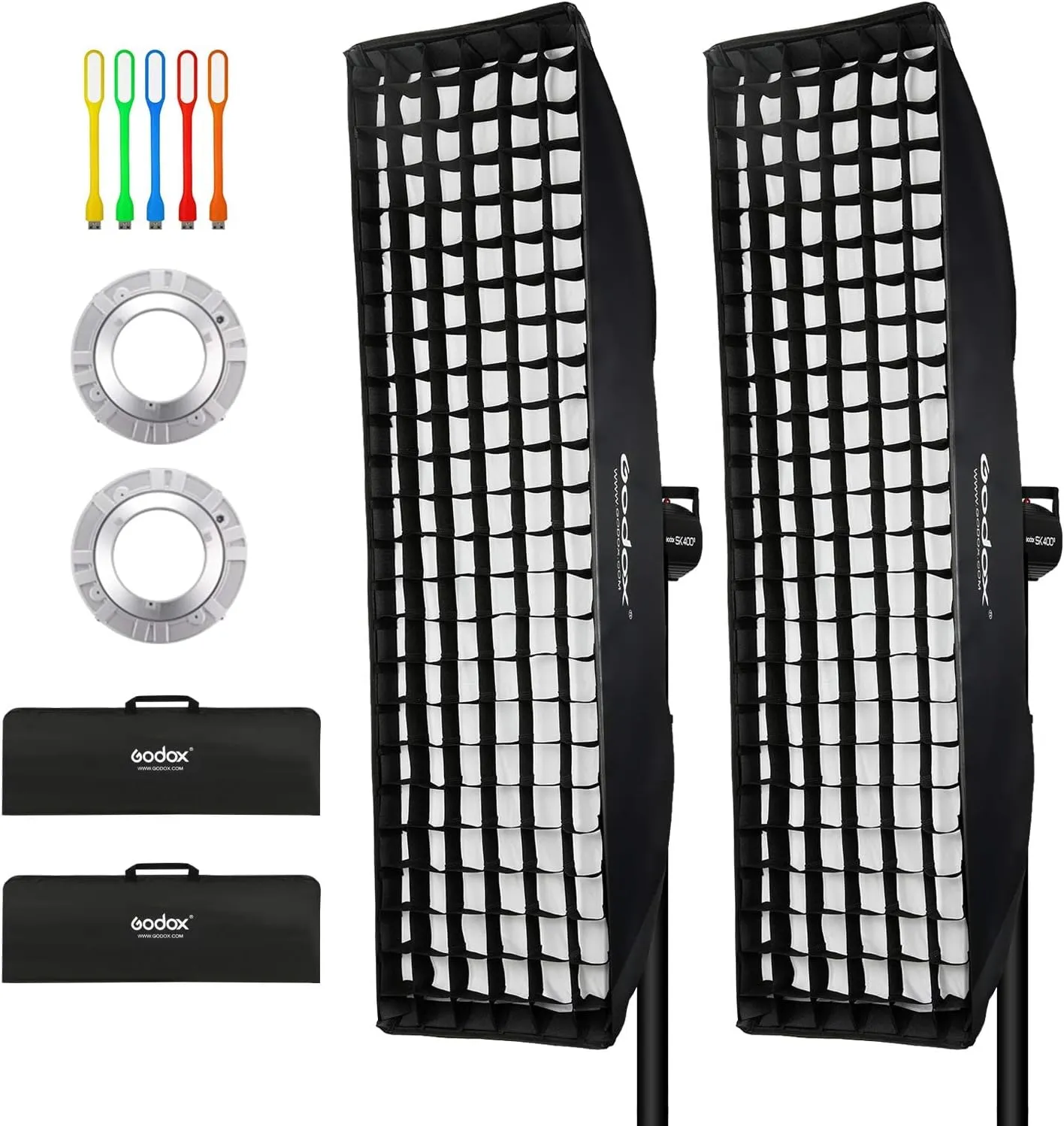 Godox 50x130cm/ 20"x51" Strip Softbox Reflector with Honeycomb Grid, Bowens Mount Speedring, Carrying Bag Compatible for Studio Flash Speedlite Monolight, Portrait and Product Photography (2PCS)