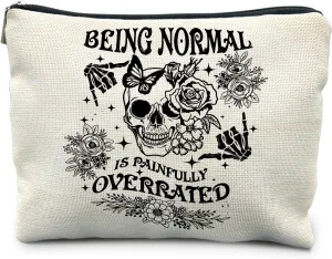 Goth Floral Skull Makeup Bag, Being Normal is Painfully Overrated Cosmetic Bag Toiletry Bag for Women, Funny Gifts for Women Adult Humor, Halloween Makeup Bag, Horror Makeup Bag