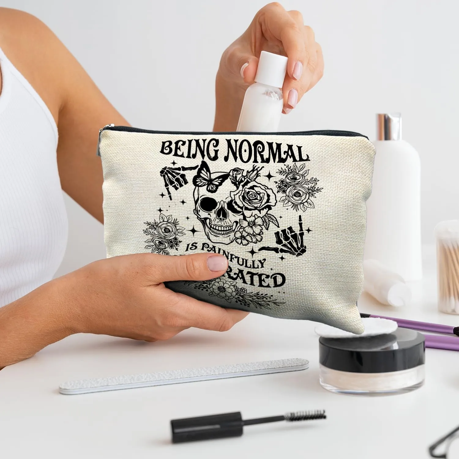 Goth Floral Skull Makeup Bag, Being Normal is Painfully Overrated Cosmetic Bag Toiletry Bag for Women, Funny Gifts for Women Adult Humor, Halloween Makeup Bag, Horror Makeup Bag