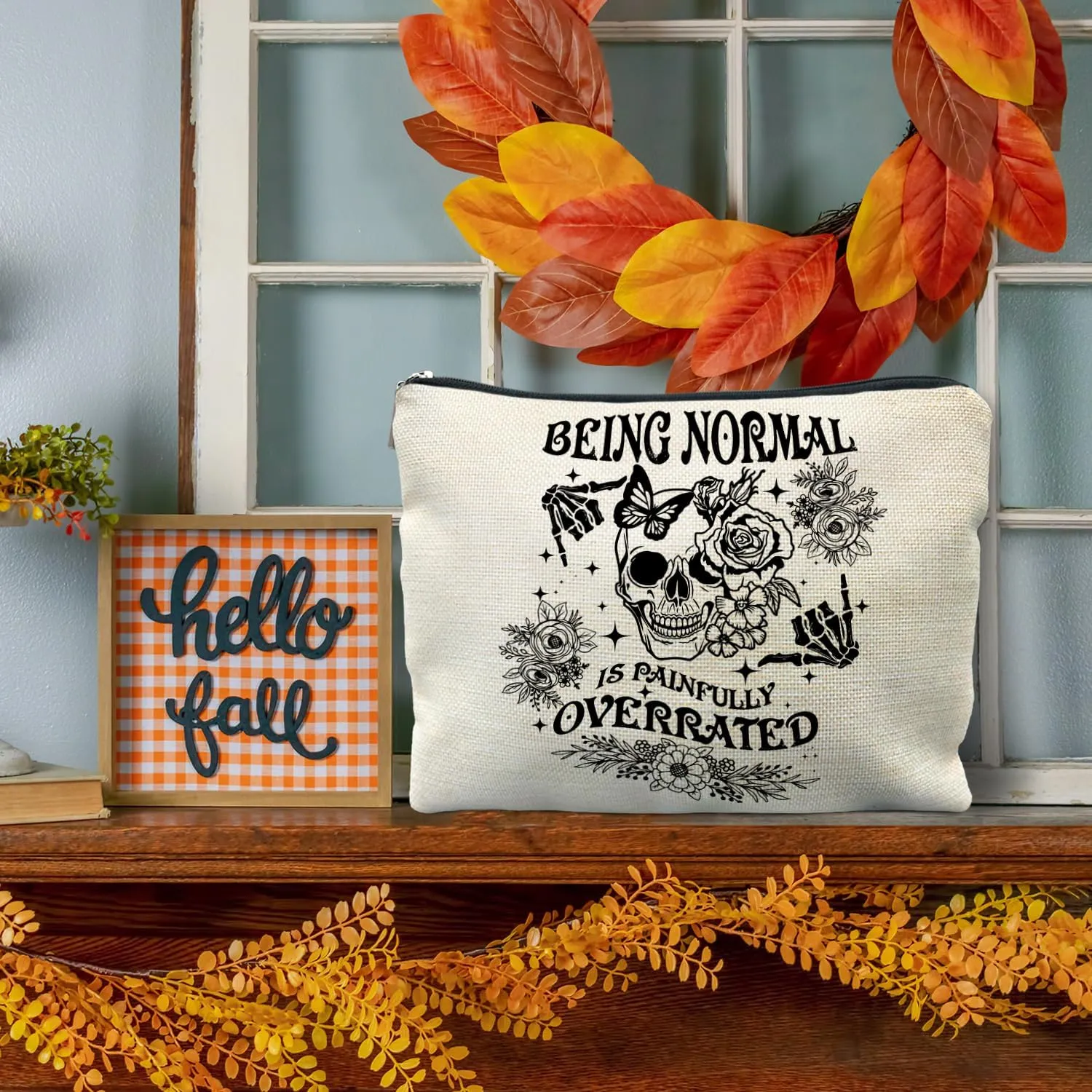 Goth Floral Skull Makeup Bag, Being Normal is Painfully Overrated Cosmetic Bag Toiletry Bag for Women, Funny Gifts for Women Adult Humor, Halloween Makeup Bag, Horror Makeup Bag