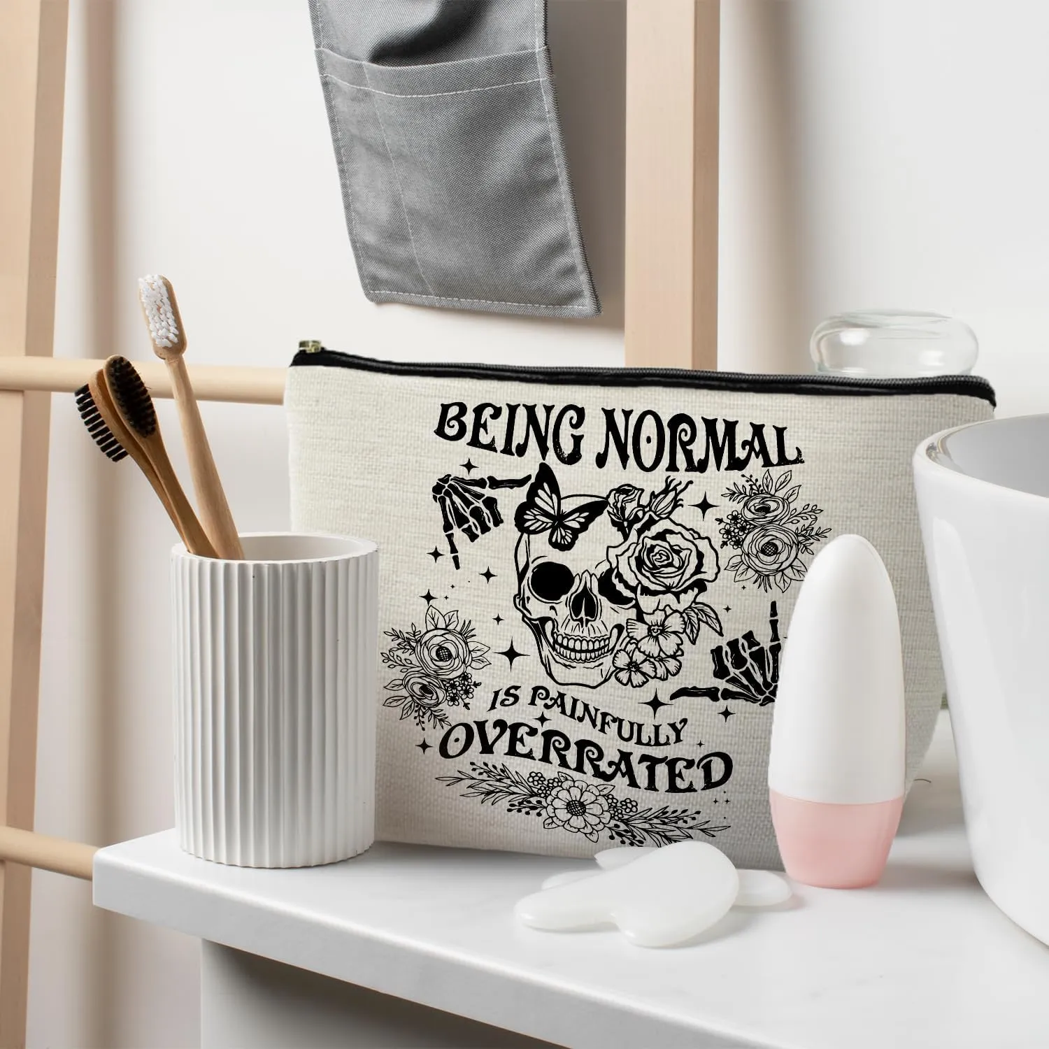 Goth Floral Skull Makeup Bag, Being Normal is Painfully Overrated Cosmetic Bag Toiletry Bag for Women, Funny Gifts for Women Adult Humor, Halloween Makeup Bag, Horror Makeup Bag