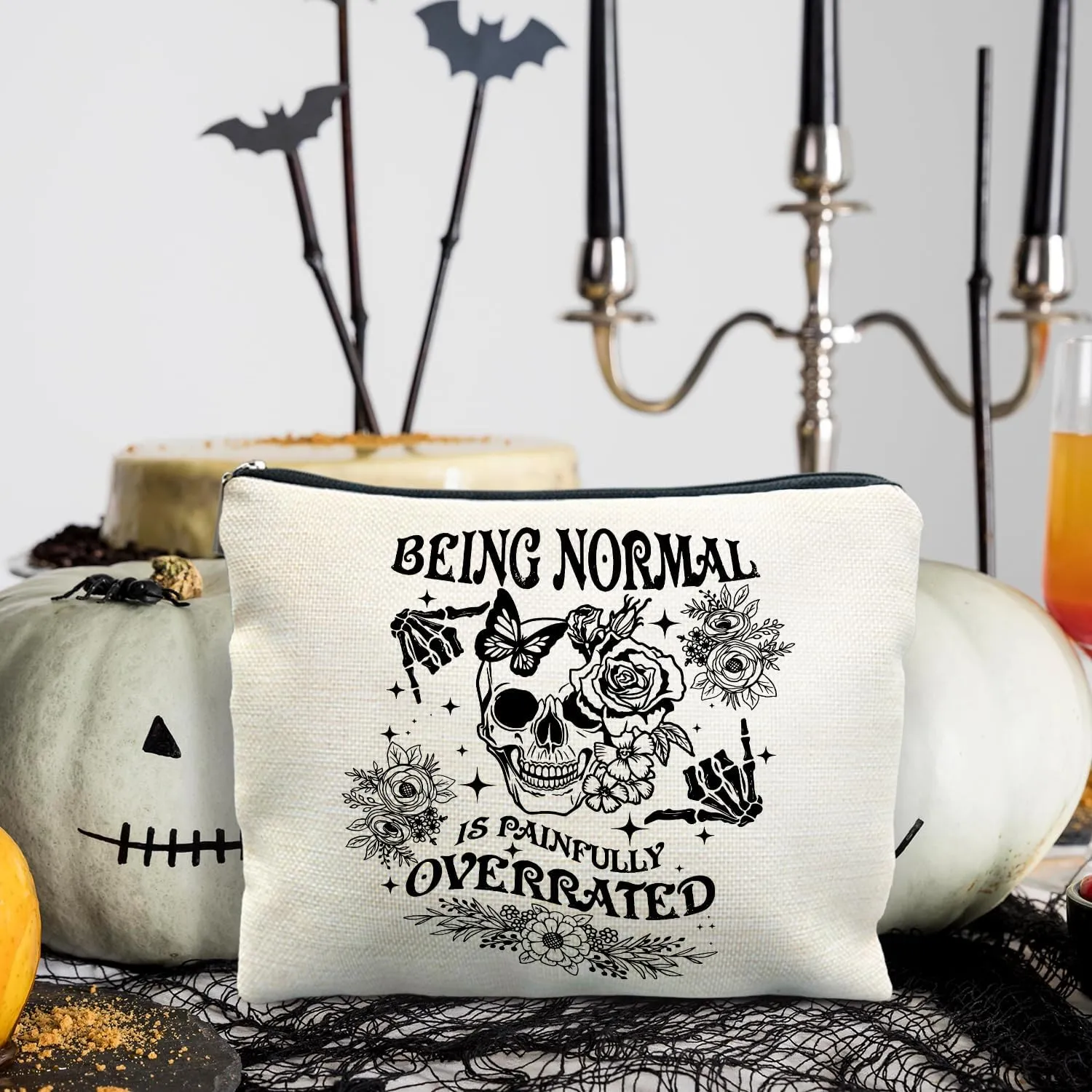 Goth Floral Skull Makeup Bag, Being Normal is Painfully Overrated Cosmetic Bag Toiletry Bag for Women, Funny Gifts for Women Adult Humor, Halloween Makeup Bag, Horror Makeup Bag