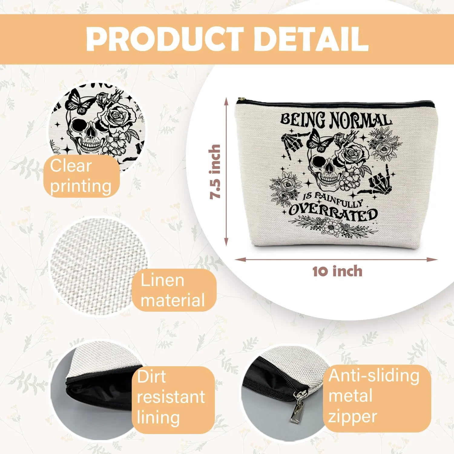 Goth Floral Skull Makeup Bag, Being Normal is Painfully Overrated Cosmetic Bag Toiletry Bag for Women, Funny Gifts for Women Adult Humor, Halloween Makeup Bag, Horror Makeup Bag