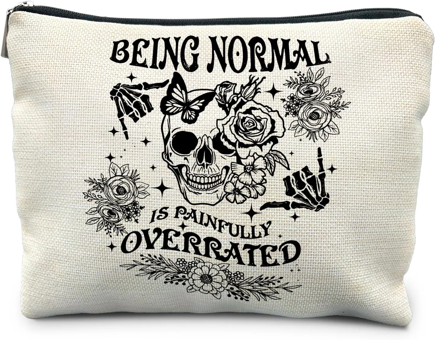 Goth Floral Skull Makeup Bag, Being Normal is Painfully Overrated Cosmetic Bag Toiletry Bag for Women, Funny Gifts for Women Adult Humor, Halloween Makeup Bag, Horror Makeup Bag