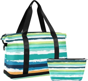 Green Stripe Versatile Sports Travel Bag - Lasting Twill Tote, Removable Wheel & Rod Bagging, Multi-pocket Design, Complimentary Makeup Bag