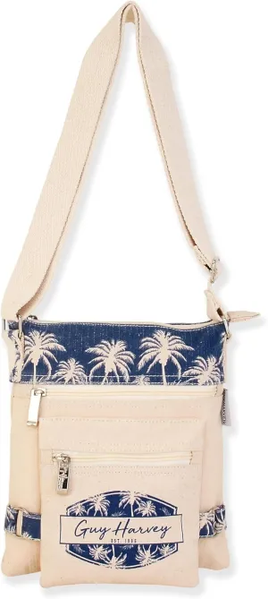 Guy Harvey Palm Print Crossbody Bag, Canvas, Beige and Navy Blue, Multiple Zippered Pockets