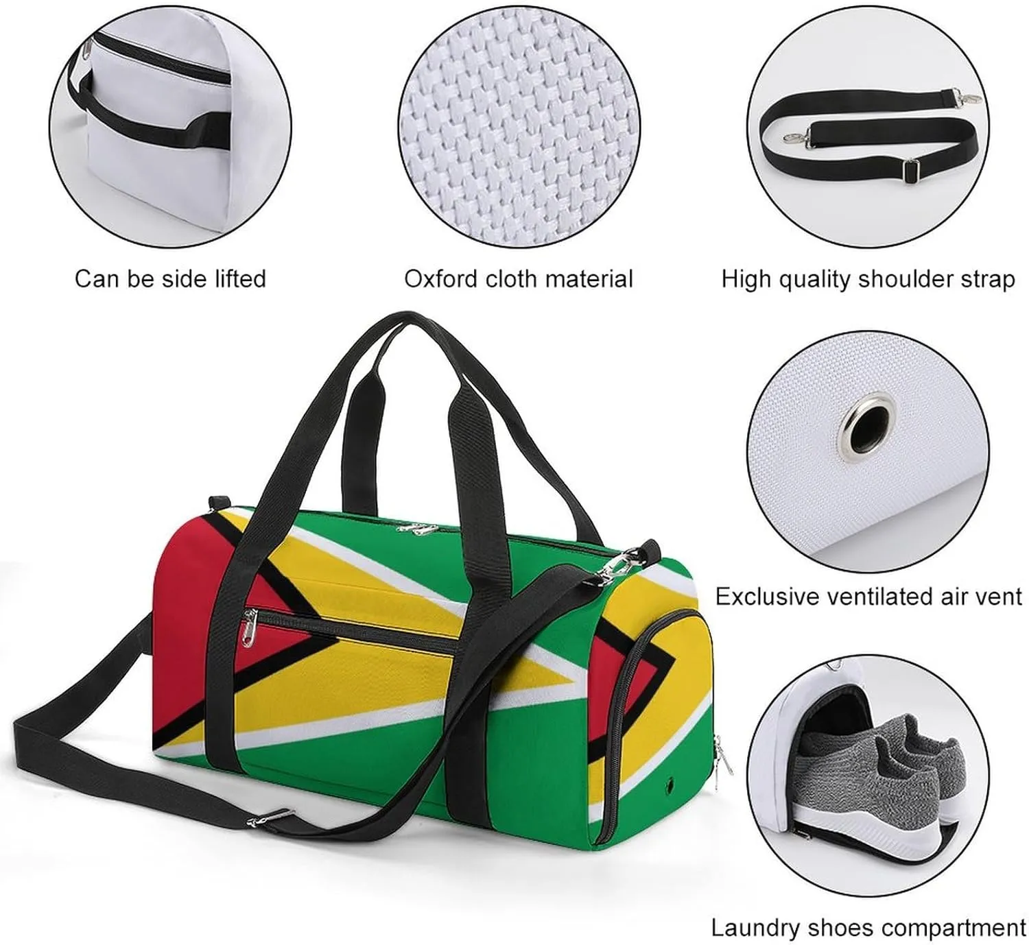 Guyana Flag Travel Gym Bag Waterproof Weekender with Shoe Compartment and Wet Pocket