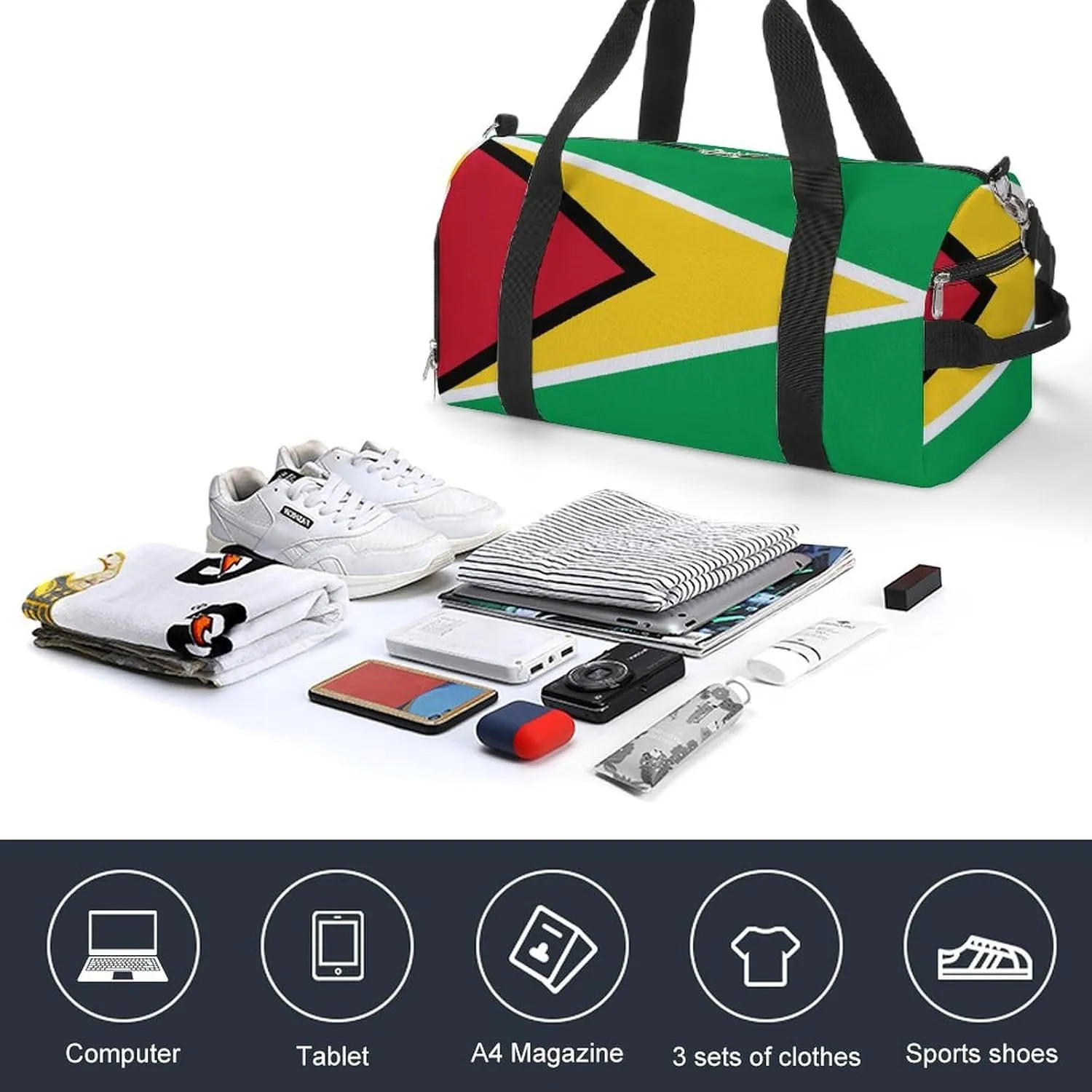 Guyana Flag Travel Gym Bag Waterproof Weekender with Shoe Compartment and Wet Pocket