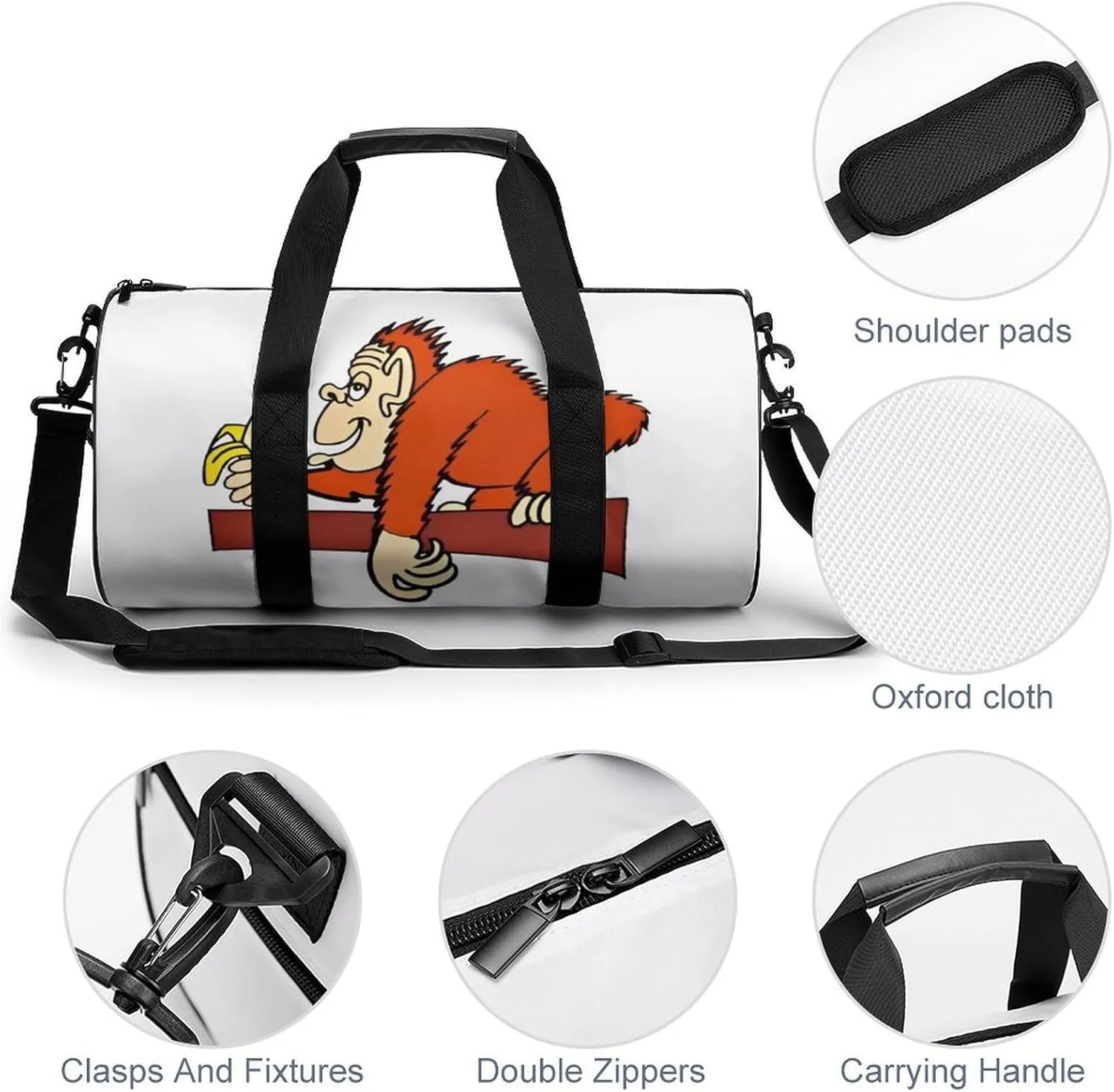 Gym Bag for Men Women Lightweight Sports Duffle Bag with Multiple Compartments Cylindrical Gym Bag for Fitness Travel And Outdoor Activities Ater Resistant Yoga Bag Training Bag Banana Monkey