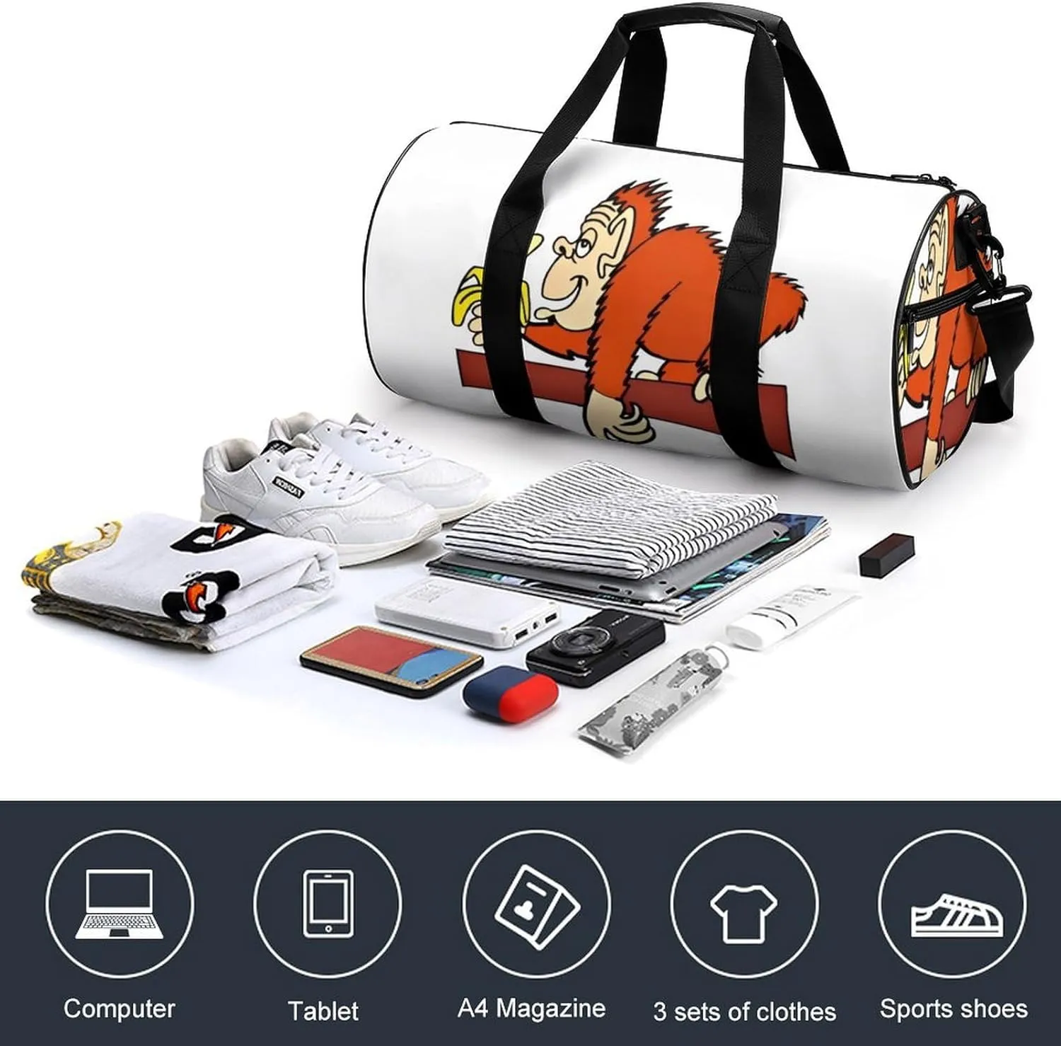 Gym Bag for Men Women Lightweight Sports Duffle Bag with Multiple Compartments Cylindrical Gym Bag for Fitness Travel And Outdoor Activities Ater Resistant Yoga Bag Training Bag Banana Monkey