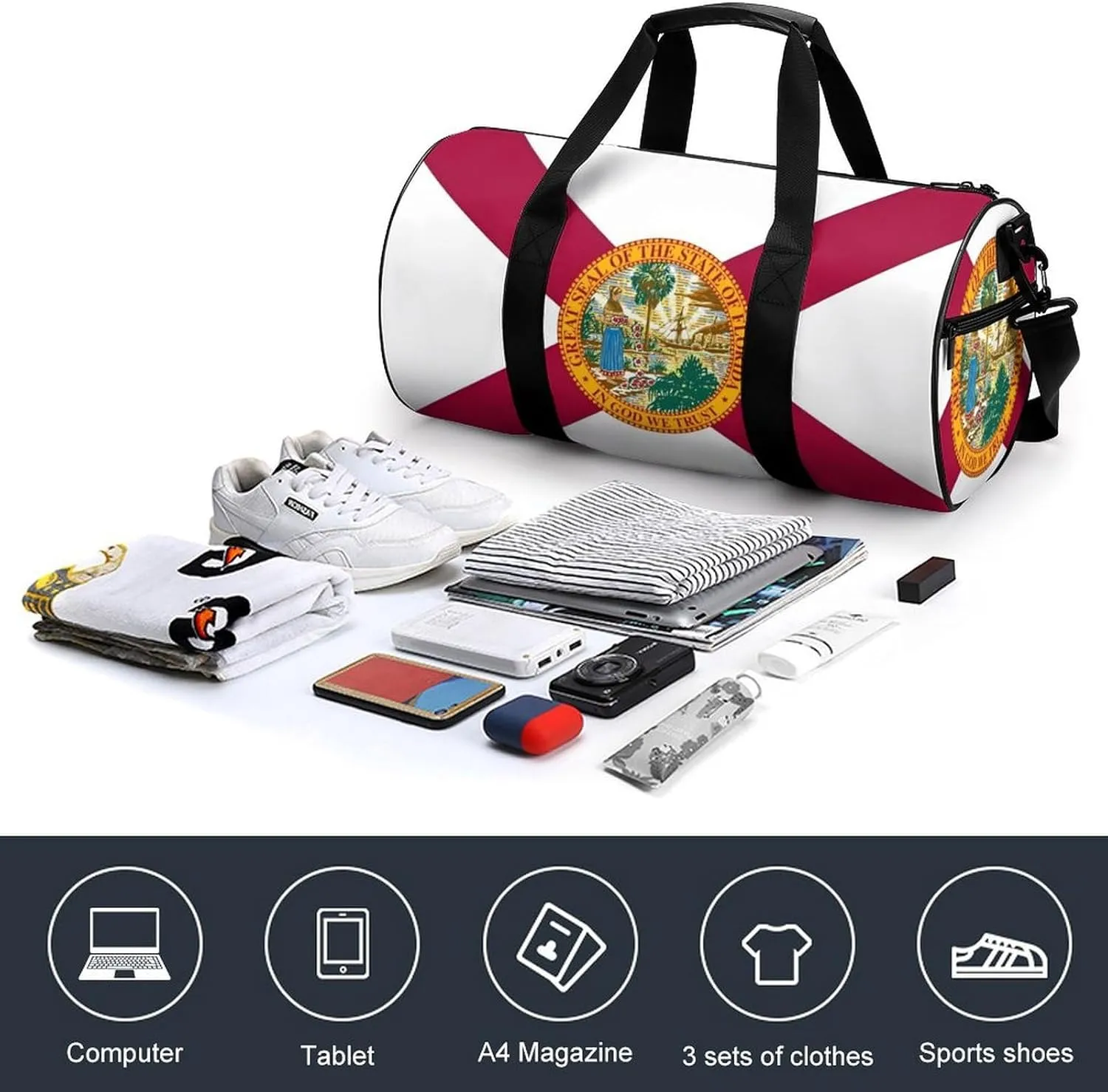 Gym Bag for Men Women Lightweight Sports Duffle Bag with Multiple Compartments Cylindrical Gym Bag for Fitness Travel And Outdoor Activities Ater Resistant Yoga Bag Training Bag Florida Emblem