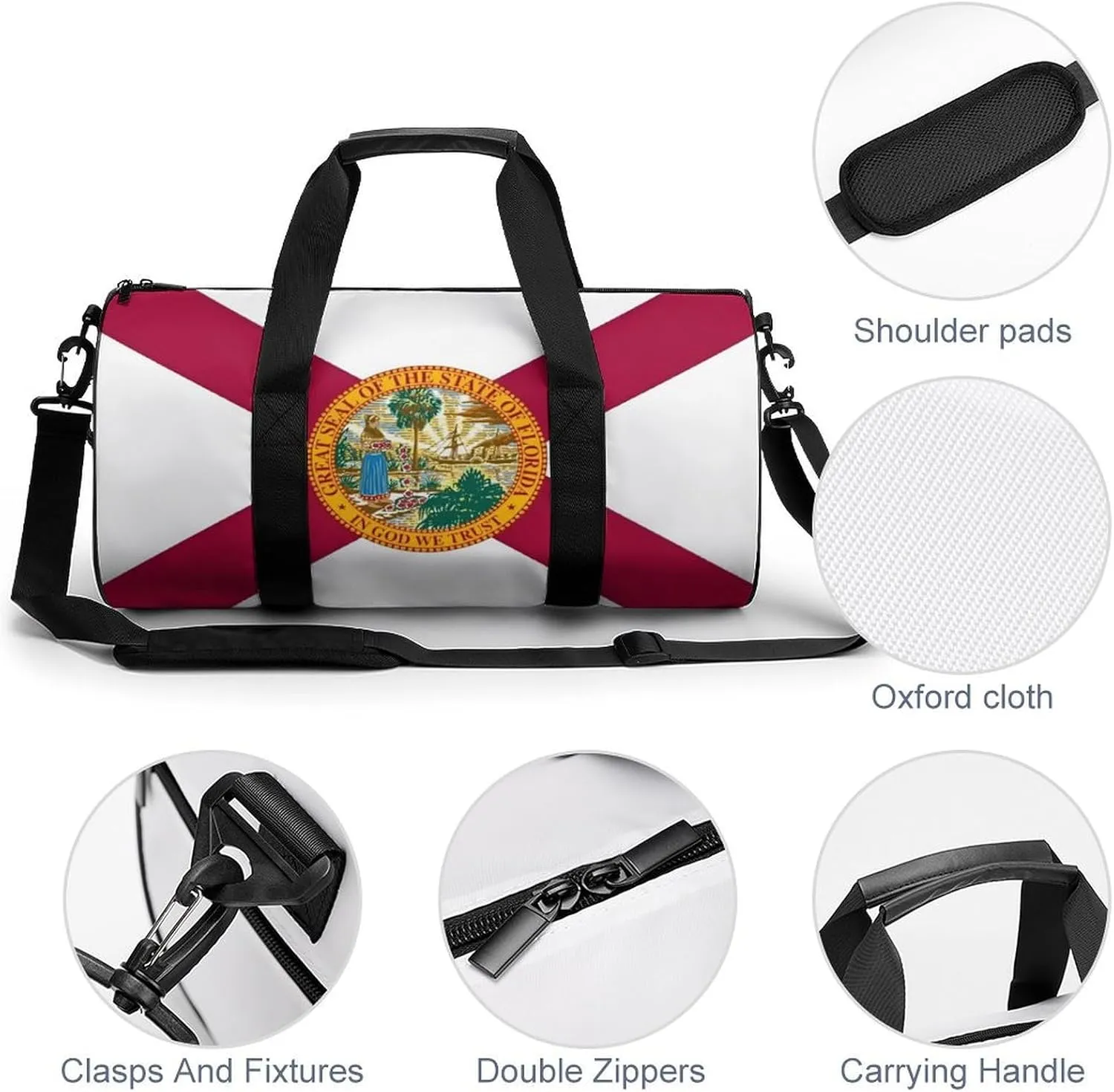 Gym Bag for Men Women Lightweight Sports Duffle Bag with Multiple Compartments Cylindrical Gym Bag for Fitness Travel And Outdoor Activities Ater Resistant Yoga Bag Training Bag Florida Emblem