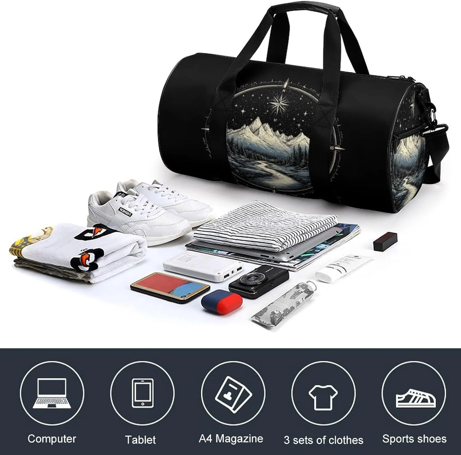 Gym Bag for Men Women Lightweight Sports Duffle Bag with Multiple Compartments Cylindrical Gym Bag for Fitness Travel And Outdoor Activities Ater Resistant Yoga Bag Training Bag Starlit Path