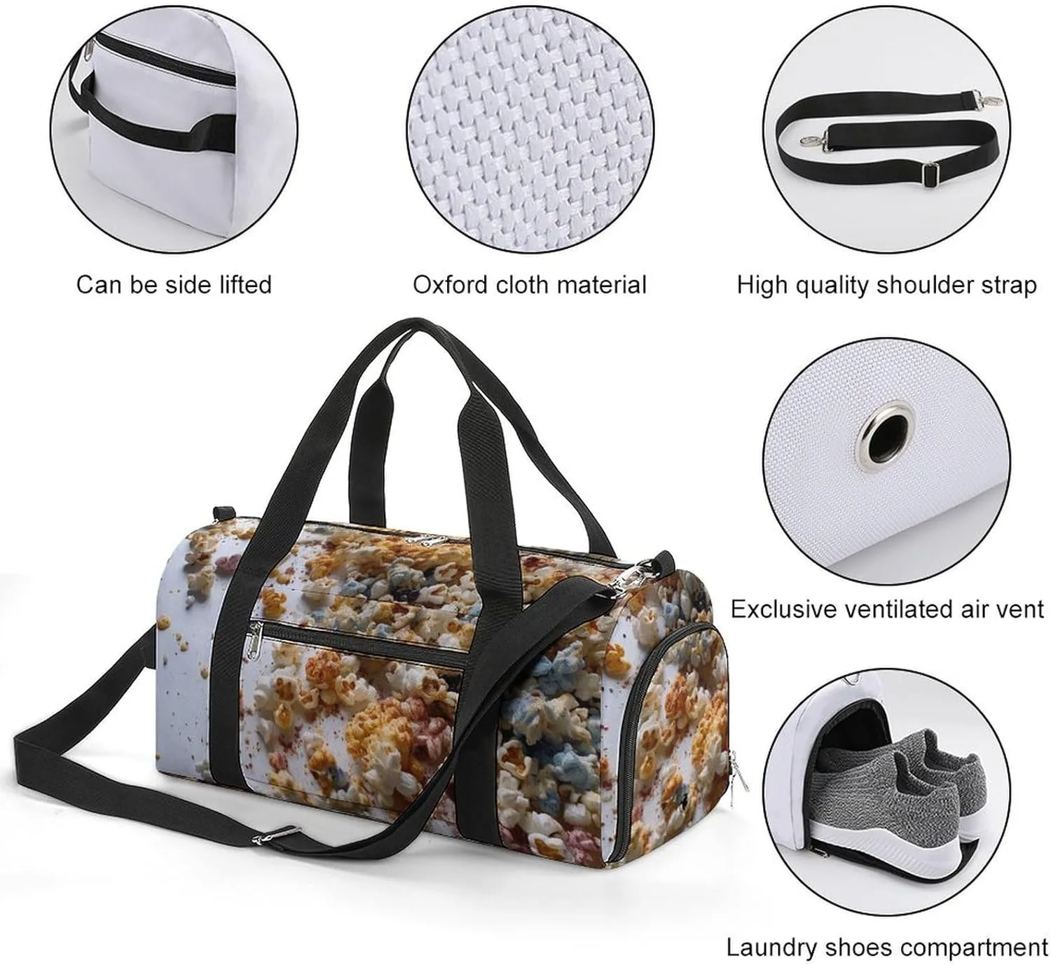 Gym Bag Lots of Popcorn Duffel Bag for Men Women Travel Overnight Bag with Shoe Compartment Workout Bags