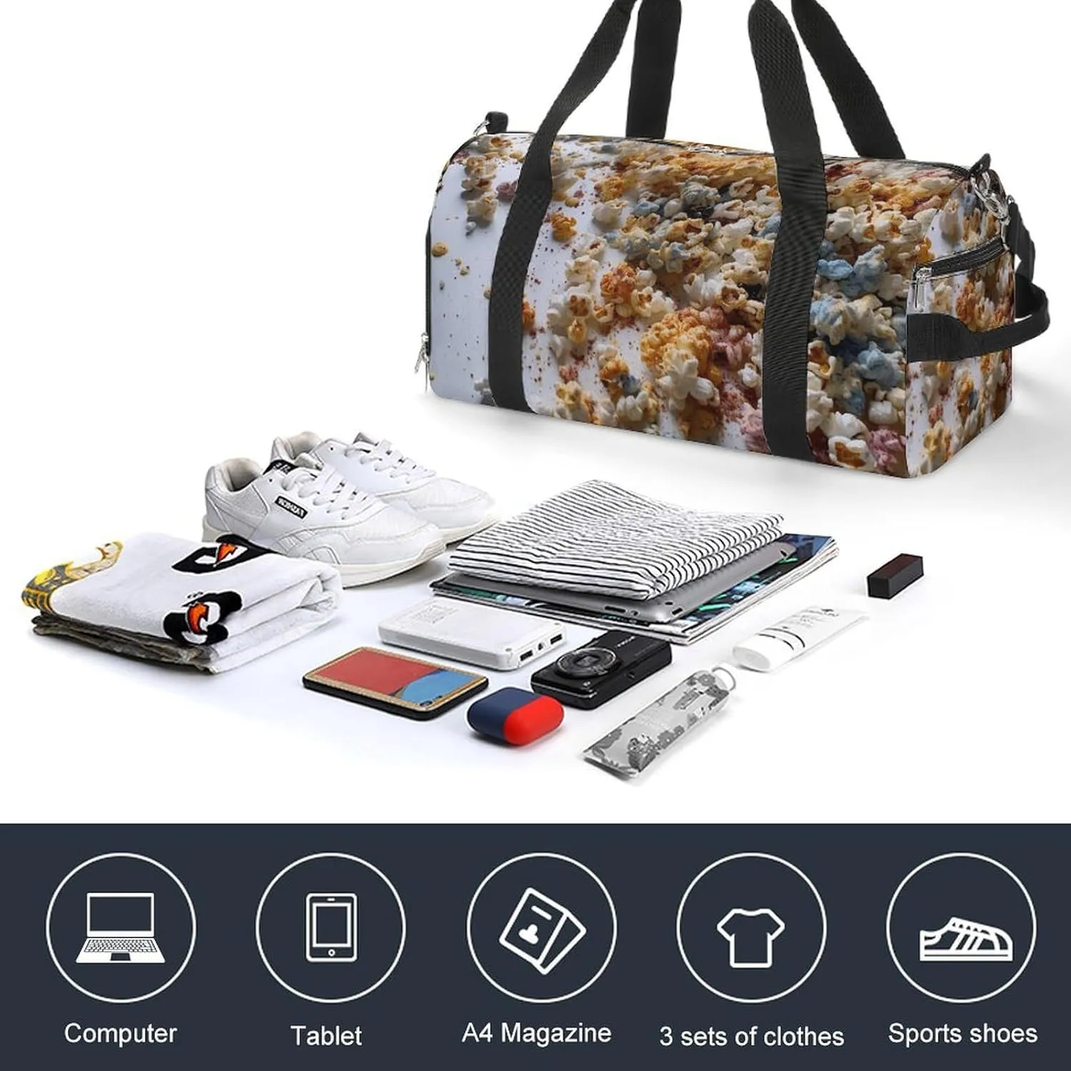 Gym Bag Lots of Popcorn Duffel Bag for Men Women Travel Overnight Bag with Shoe Compartment Workout Bags