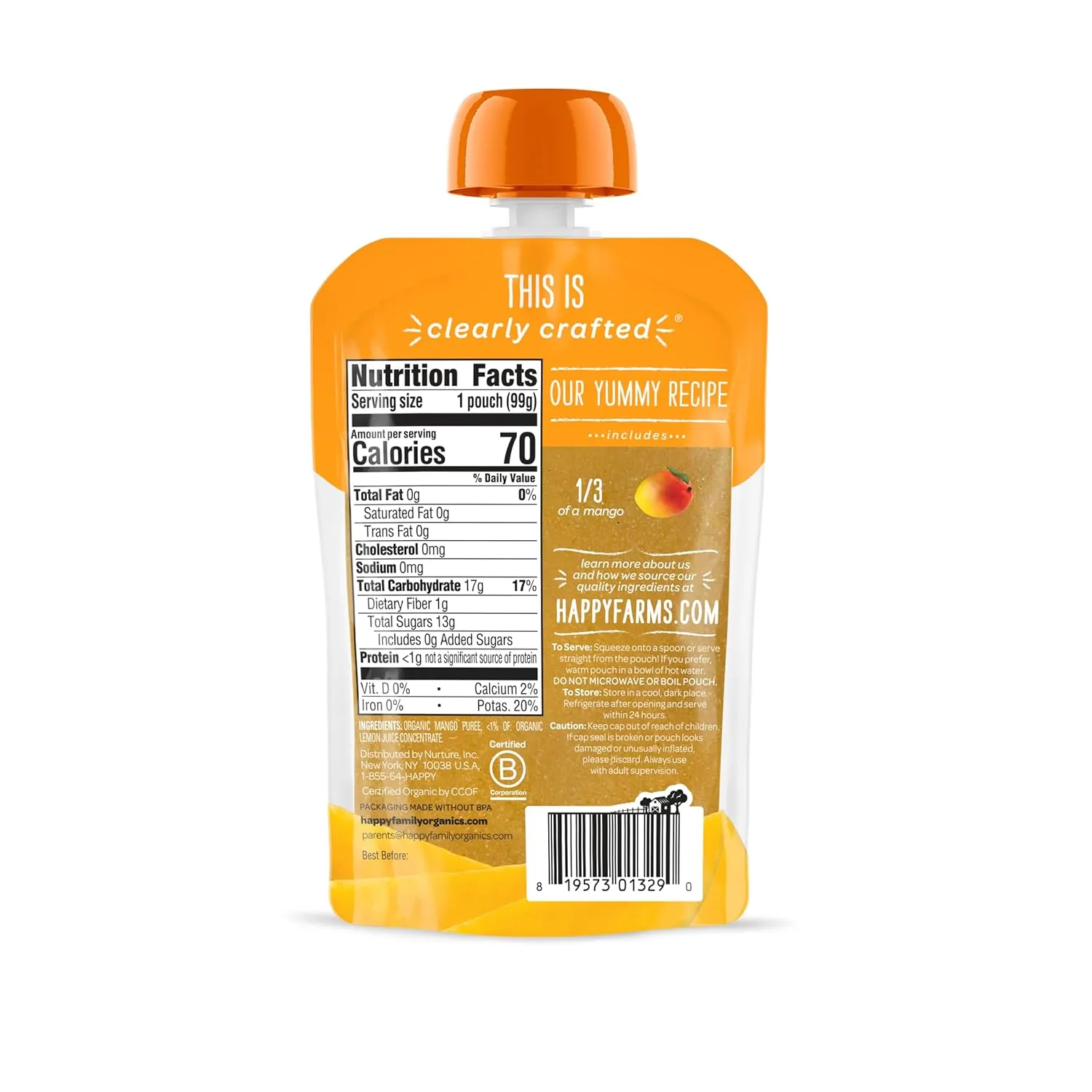 Happy Baby Organics Clearly Crafted Stage 1 Baby Food, Mangoes, 3.5 Ouncee Pouch (Pack of 16)