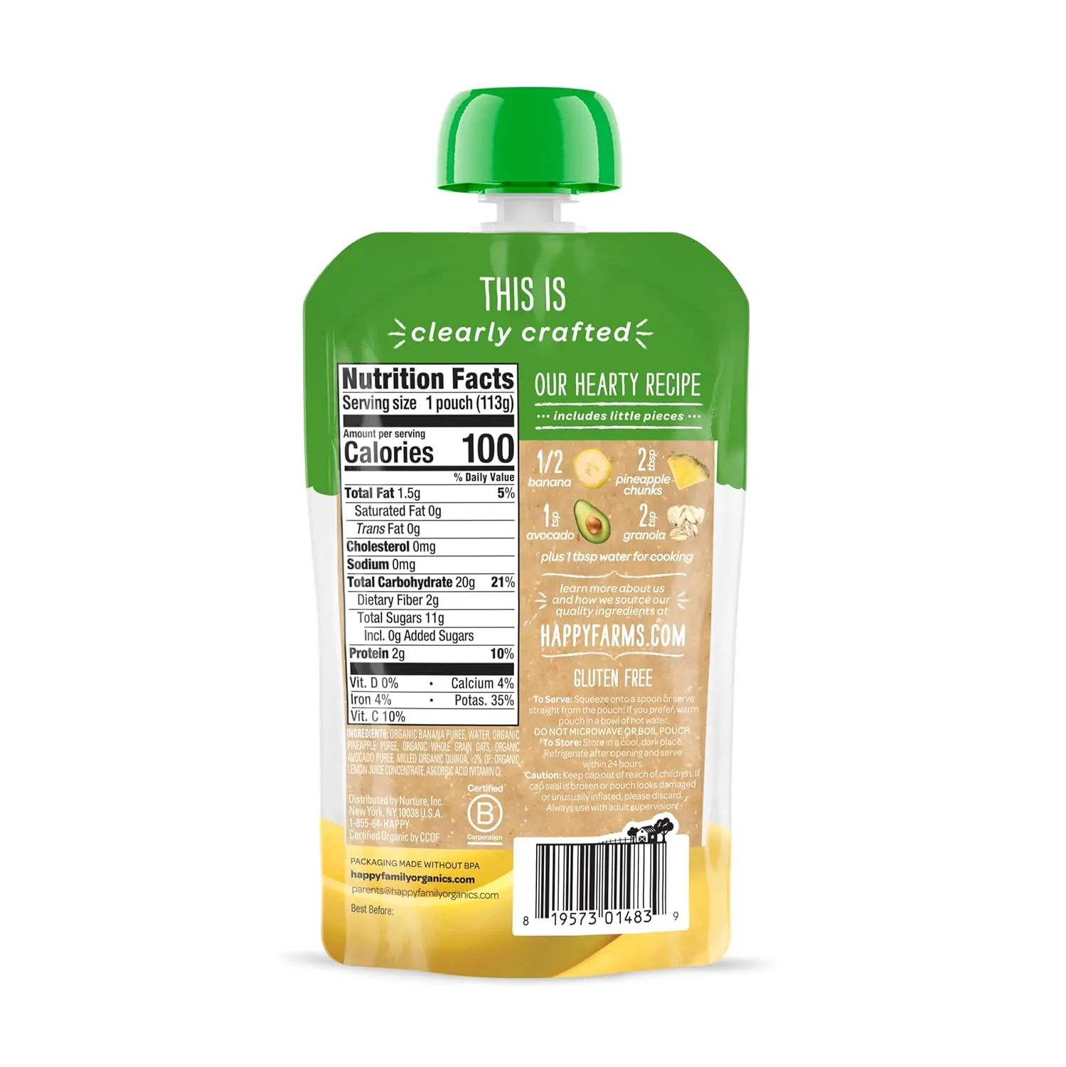 Happy Baby Organics Stage 2 Baby Food Pouches, Gluten Free, Vegan & Healthy Snack, Clearly Crafted Fruit & Veggie Puree, Bananas, Pineapples, Avocado & Granola, 4 Ounces (Pack of 16)
