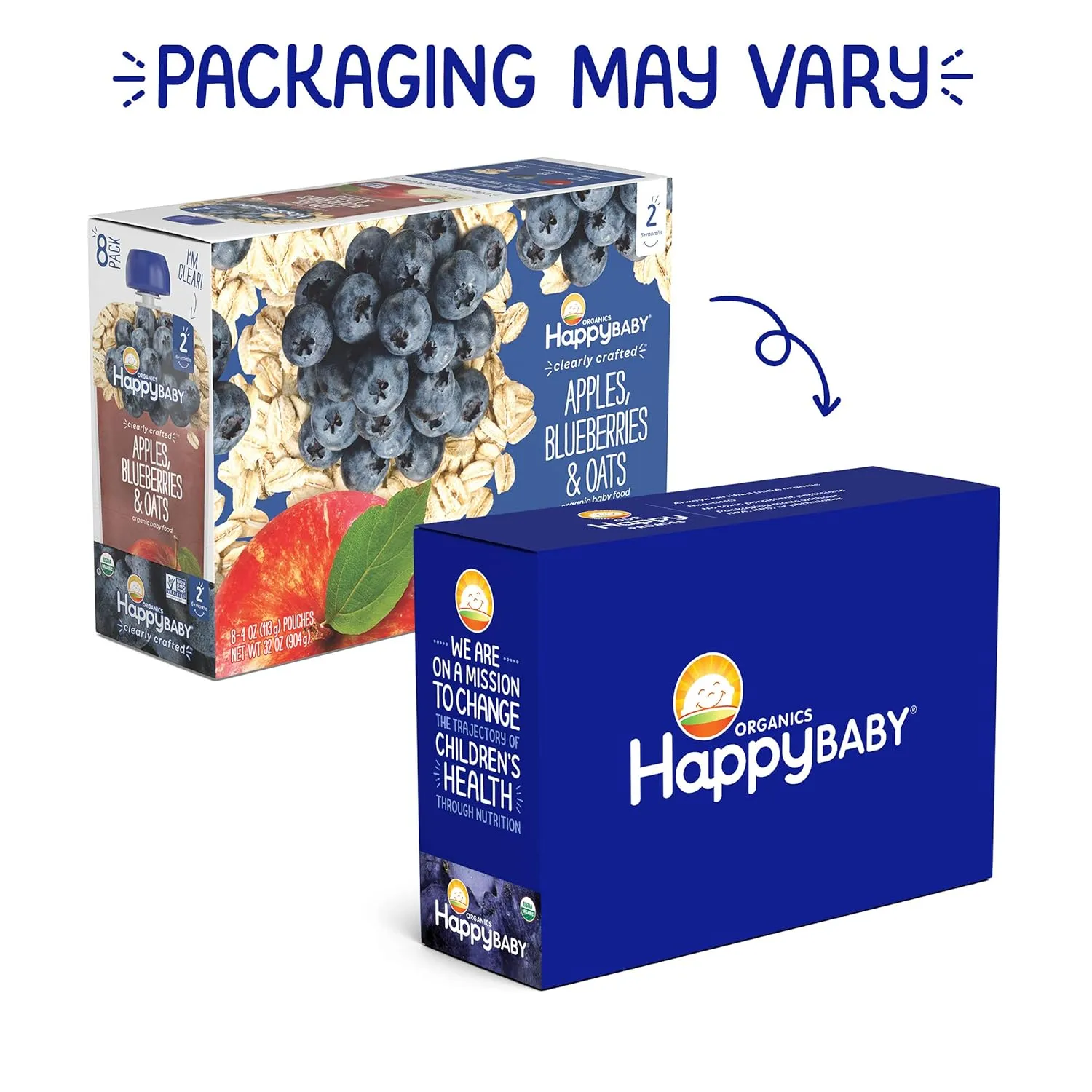 Happy Baby Organics Stage 2 Baby Food Pouches, Gluten Free, Vegan & Healthy Snack, Clearly Crafted Oat & Fruit Puree, Apples, Blueberries & Oats, 4 Ounces (Pack of 16)