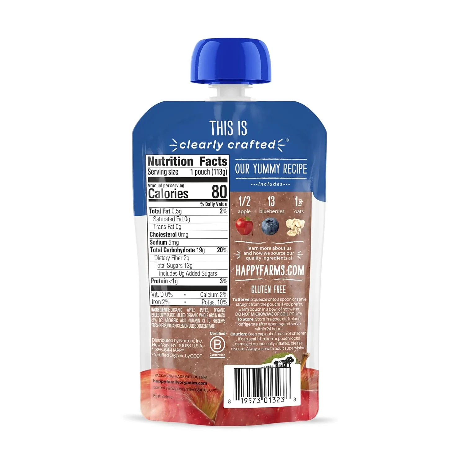 Happy Baby Organics Stage 2 Baby Food Pouches, Gluten Free, Vegan & Healthy Snack, Clearly Crafted Oat & Fruit Puree, Apples, Blueberries & Oats, 4 Ounces (Pack of 16)
