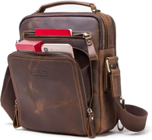 Hiram Men's Crazy Horse Cow Leather Messenger Bag, Crossbody Bag for Men, 25.5 cm x 21.5 cm x 10.0 cm, Coffee