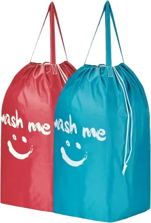 HOMEST 2 Pack Wash Me Travel Laundry Bag with Handles, Square Base Can Carry Up to 3 Loads of Clothes, Dirty Garments Storage with Drawstring Closure, Light Blue and Red