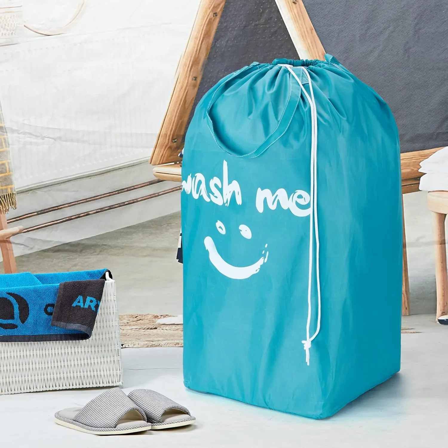 HOMEST 2 Pack Wash Me Travel Laundry Bag with Handles, Square Base Can Carry Up to 3 Loads of Clothes, Dirty Garments Storage with Drawstring Closure, Light Blue and Red