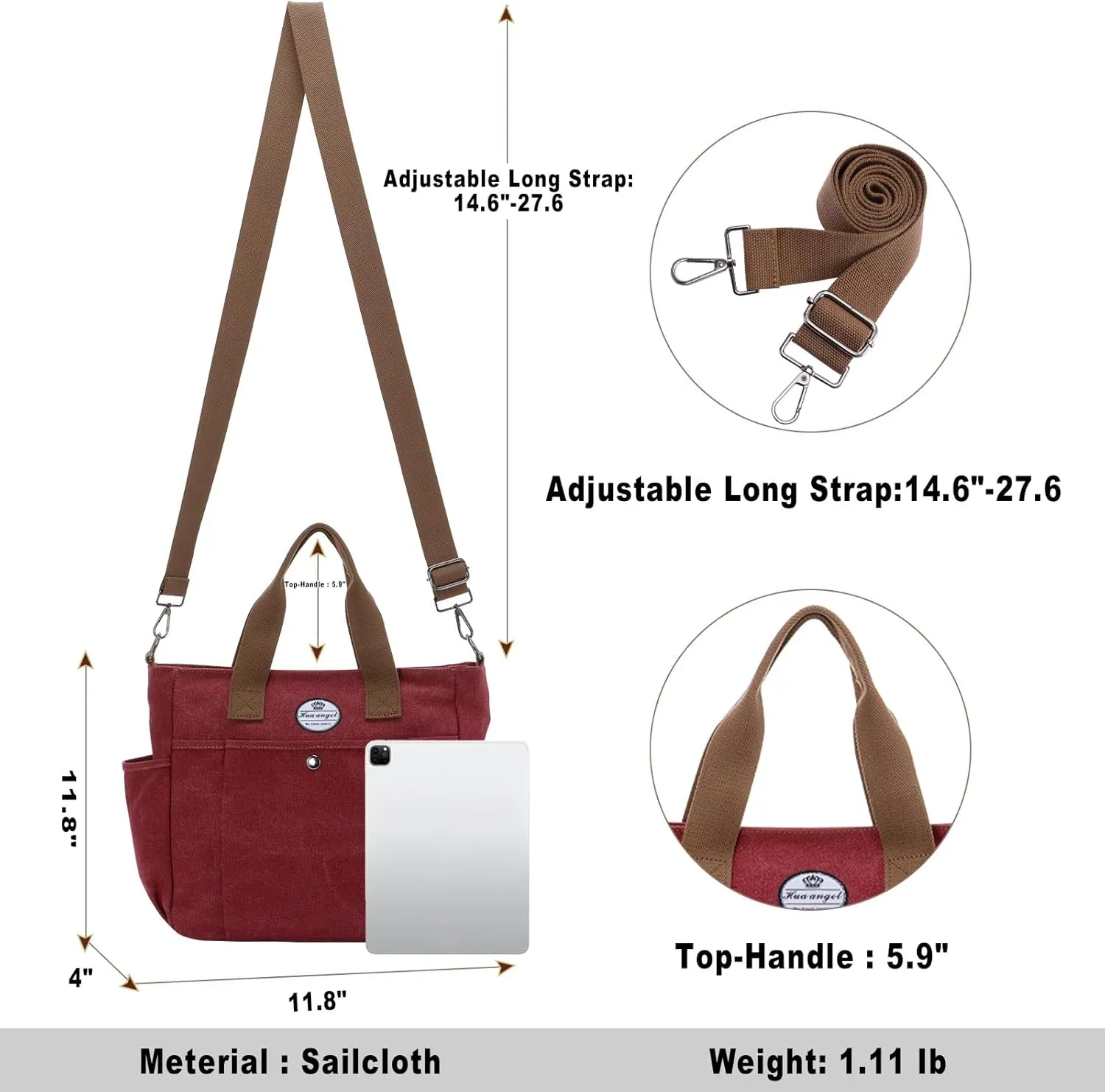 HUA ANGEL Canvas Everyday Tote Bags for Women Medium Crossbody Purses Handbags with Multiple Pockets for Work Travel Beach