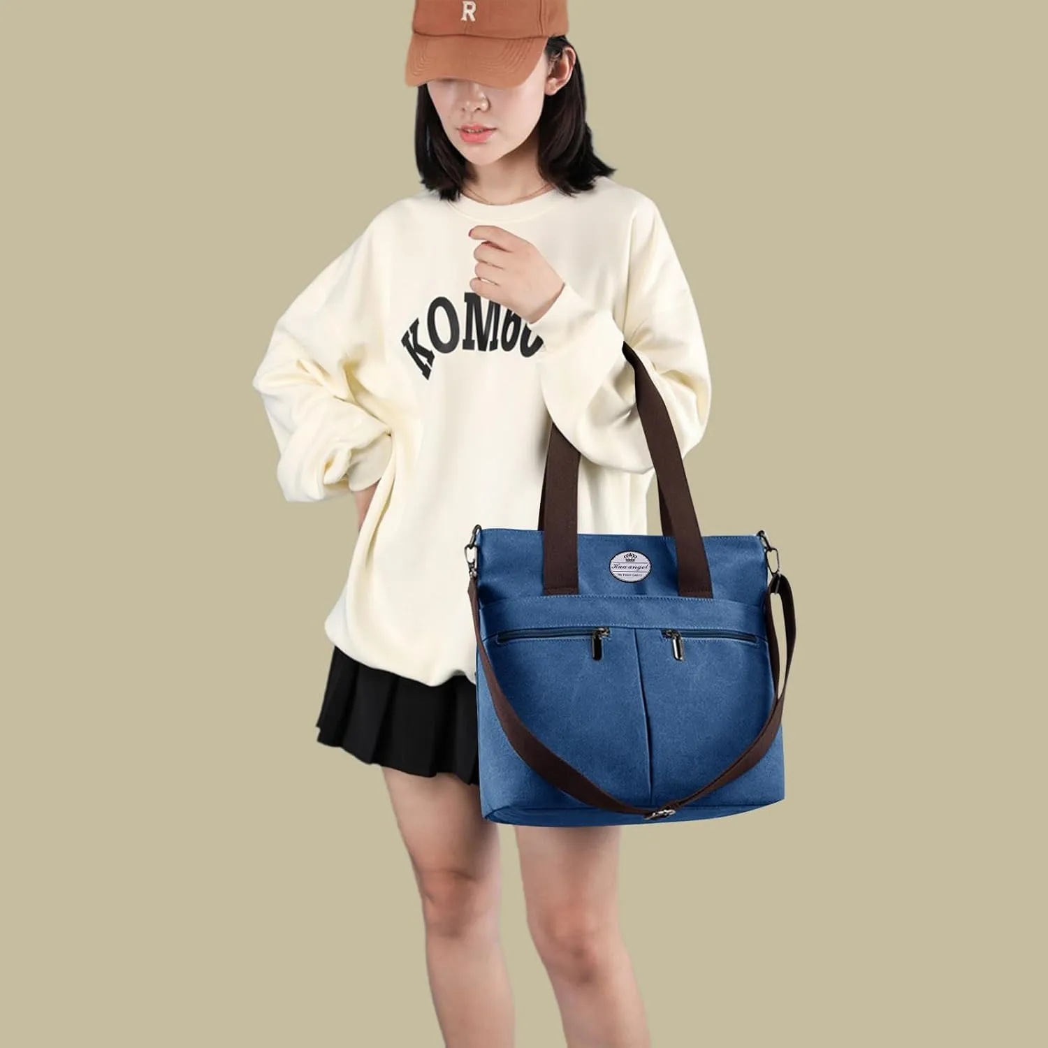 HUA ANGEL Women's Canvas Tote Bag Lightweight Crossbody Purse Multi-Pocket Durable Handbags for Work College Shopping Beach
