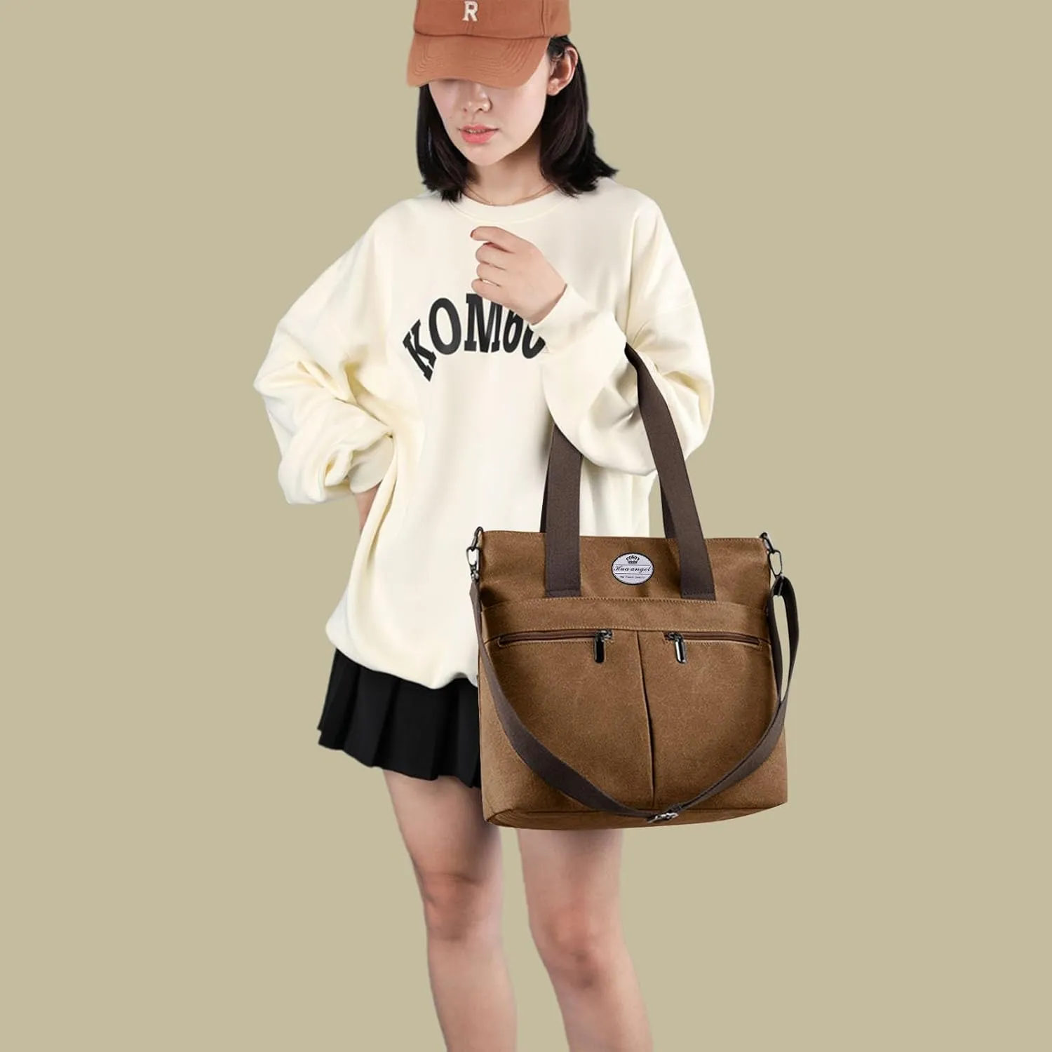 HUA ANGEL Women's Canvas Tote Bag Lightweight Crossbody Purse Multi-Pocket Durable Handbags for Work College Shopping Beach