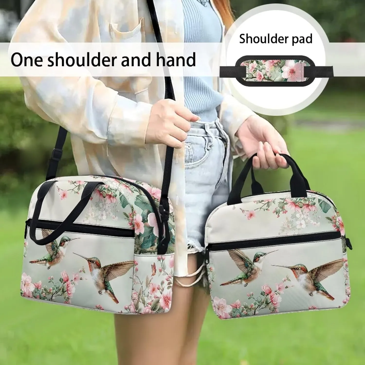 Hummingbird Lunch Box for Women Reusable Insulated Lunch Bag Flowers Leakproof Lunch Tote Thermal Cooler Lunch box Handbag Snack Bags with Adjustable Shoulder Strap