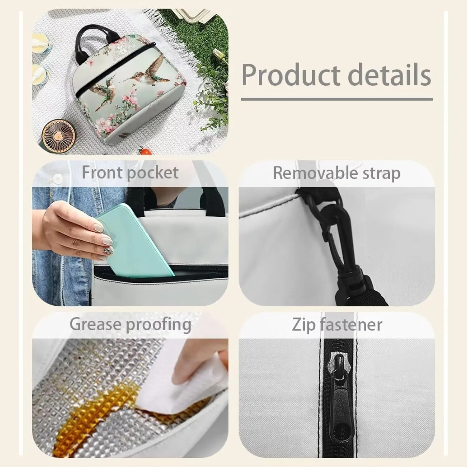 Hummingbird Lunch Box for Women Reusable Insulated Lunch Bag Flowers Leakproof Lunch Tote Thermal Cooler Lunch box Handbag Snack Bags with Adjustable Shoulder Strap