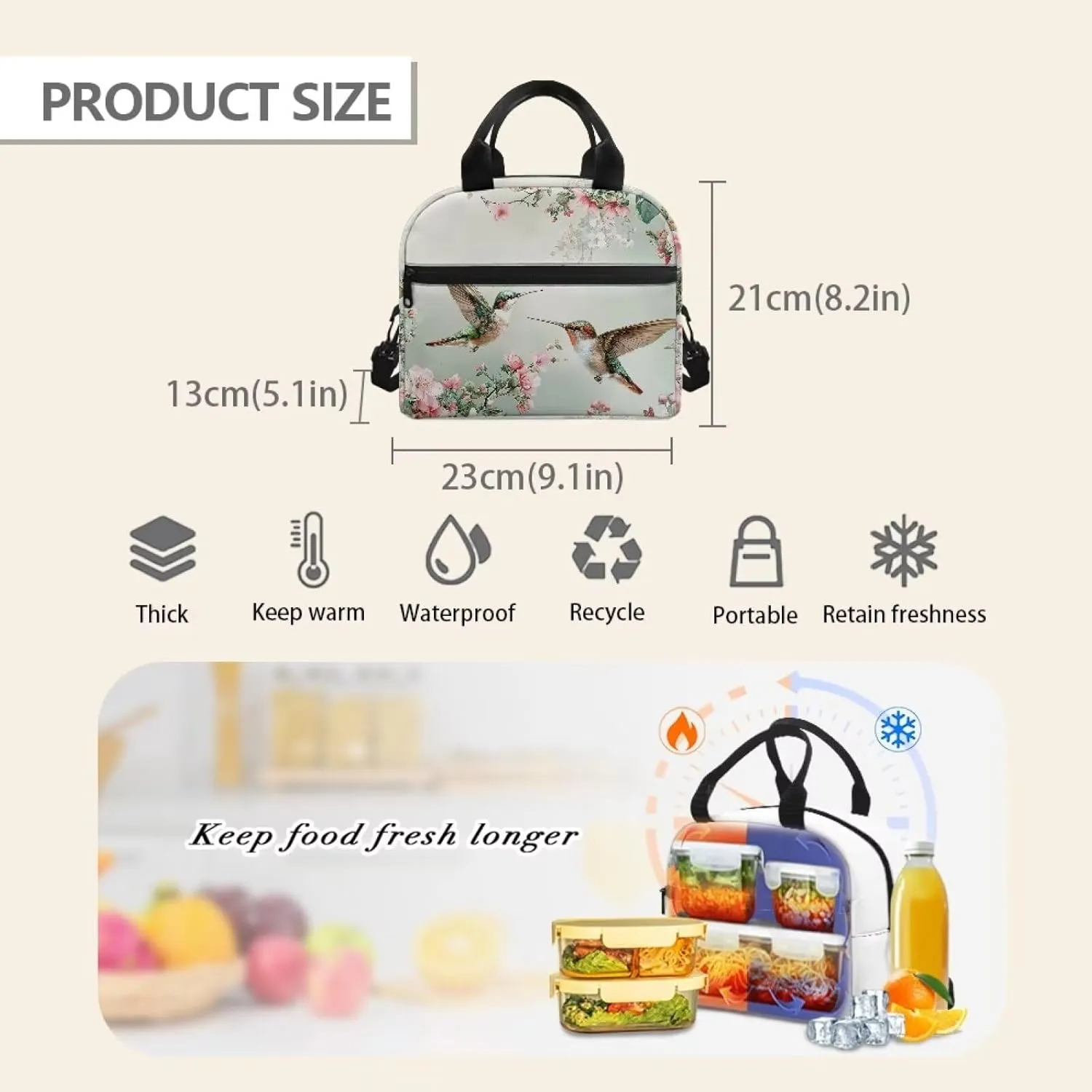 Hummingbird Lunch Box for Women Reusable Insulated Lunch Bag Flowers Leakproof Lunch Tote Thermal Cooler Lunch box Handbag Snack Bags with Adjustable Shoulder Strap