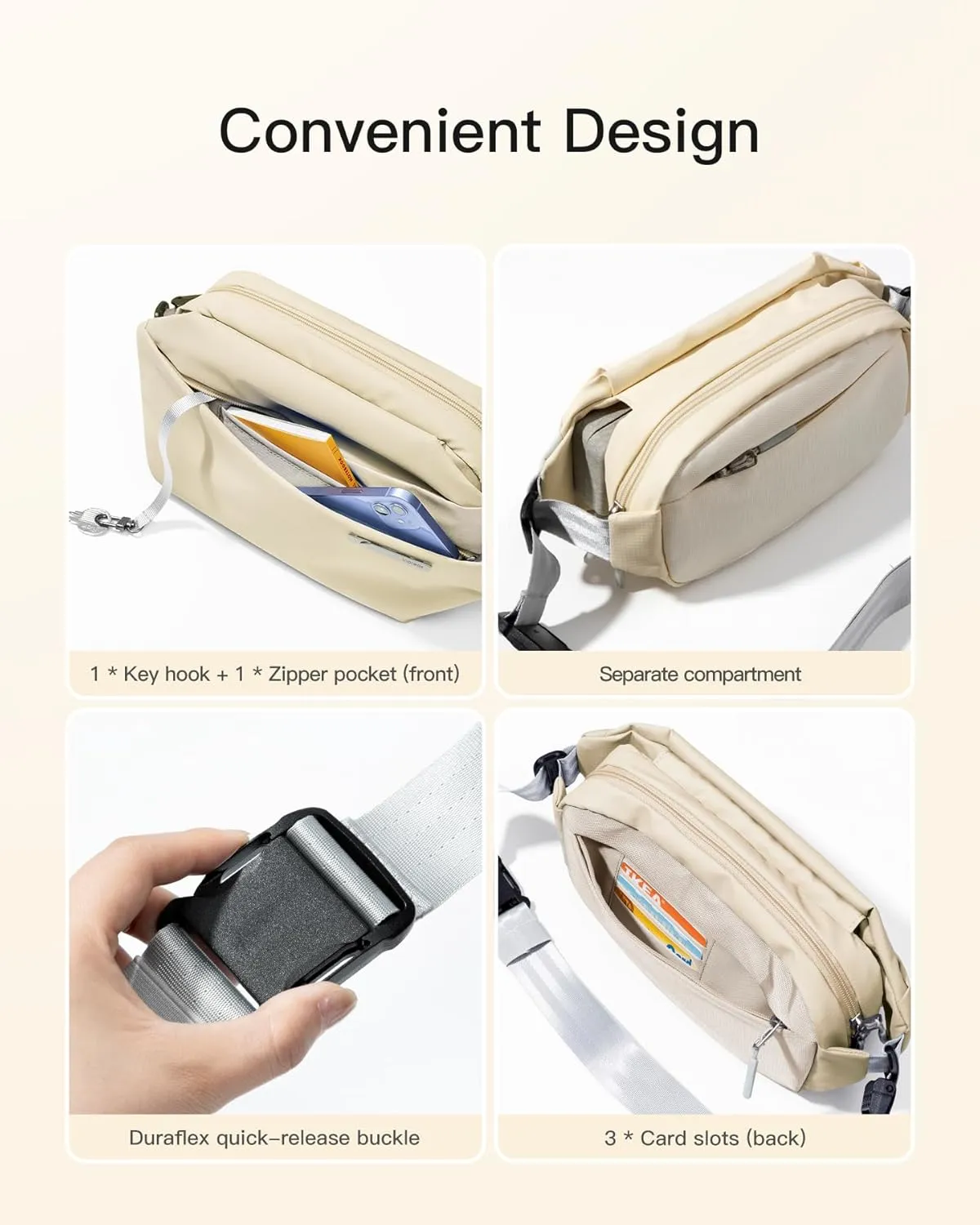 Inateck Sling Bag X, 3L Multi-pocket Crossbody Shoulder Chest Bag with Adjustable Shoulder Strap, Water-resistant Waist Fanny Pack for Men, Women, Travel, Daily Use, Cycling, Hiking, Beige, Small