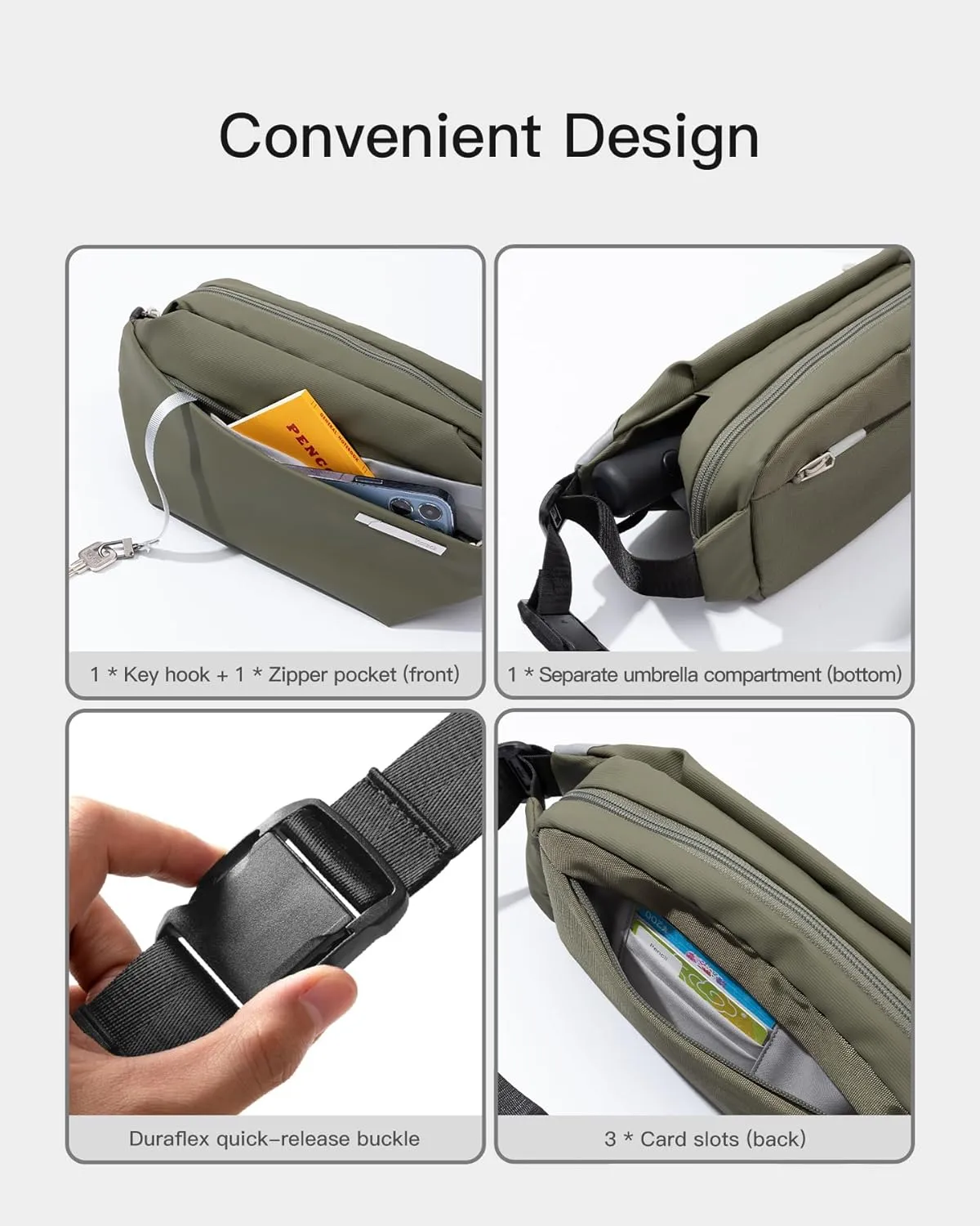 Inateck Sling Bag X, 4L Multi-pocket Crossbody Shoulder Chest Bag with Adjustable Shoulder Strap, Water-resistant Waist Fanny Pack for Men, Women, Travel, Daily Use, Cycling, Hiking, Olive, Large