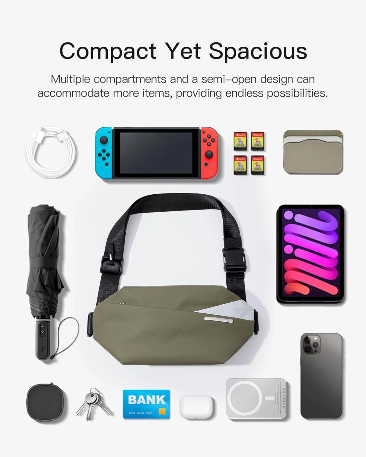 Inateck Sling Bag X, 4L Multi-pocket Crossbody Shoulder Chest Bag with Adjustable Shoulder Strap, Water-resistant Waist Fanny Pack for Men, Women, Travel, Daily Use, Cycling, Hiking, Olive, Large