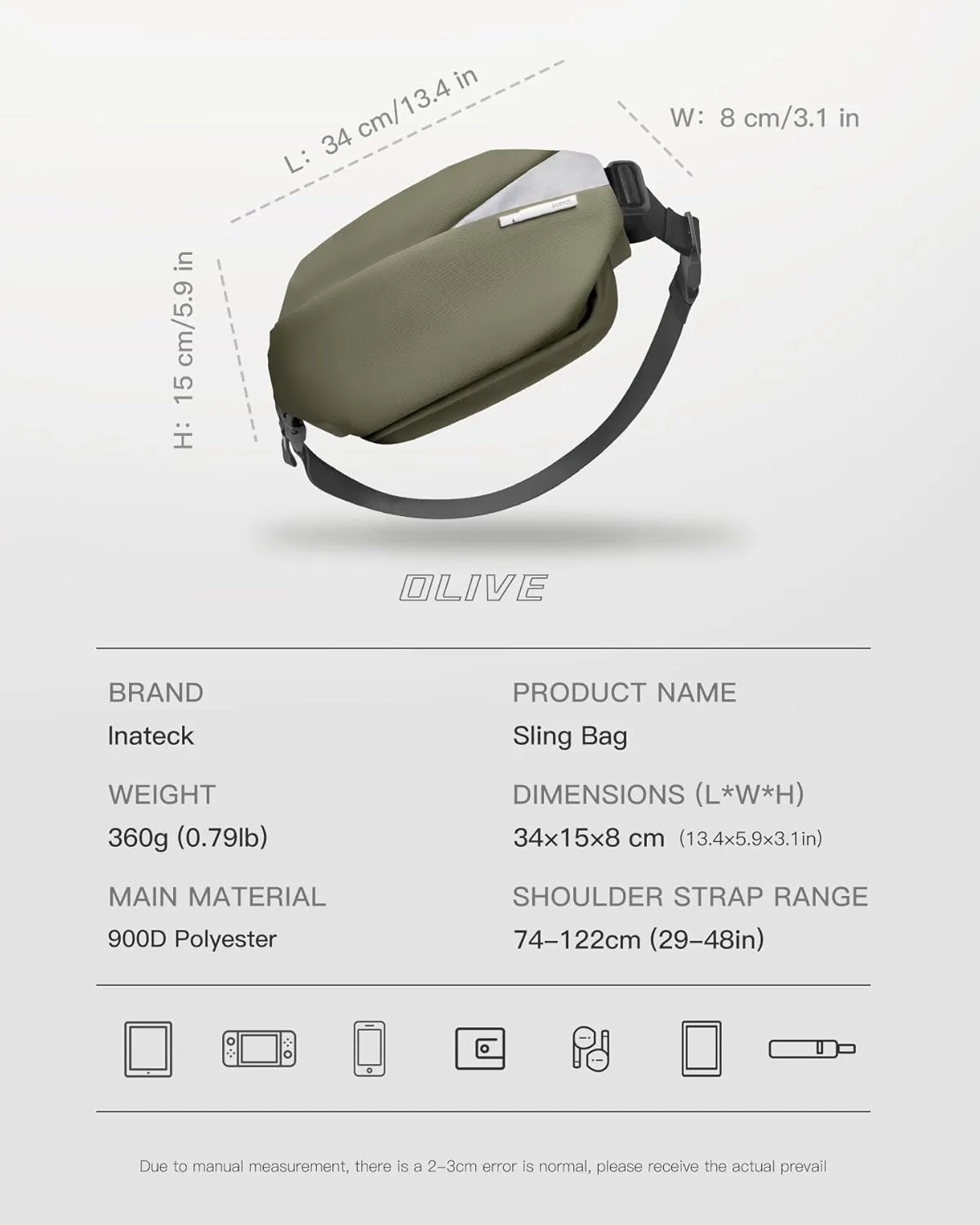 Inateck Sling Bag X, 4L Multi-pocket Crossbody Shoulder Chest Bag with Adjustable Shoulder Strap, Water-resistant Waist Fanny Pack for Men, Women, Travel, Daily Use, Cycling, Hiking, Olive, Large