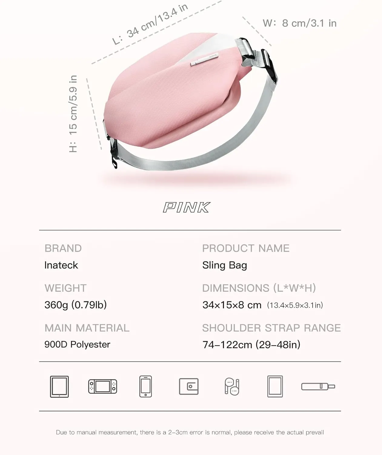 Inateck Sling Bag X, 4L Multi-pocket Crossbody Shoulder Chest Bag with Adjustable Shoulder Strap, Water-resistant Waist Fanny Pack for Men, Women, Travel, Daily Use, Cycling, Hiking, Pink, Large