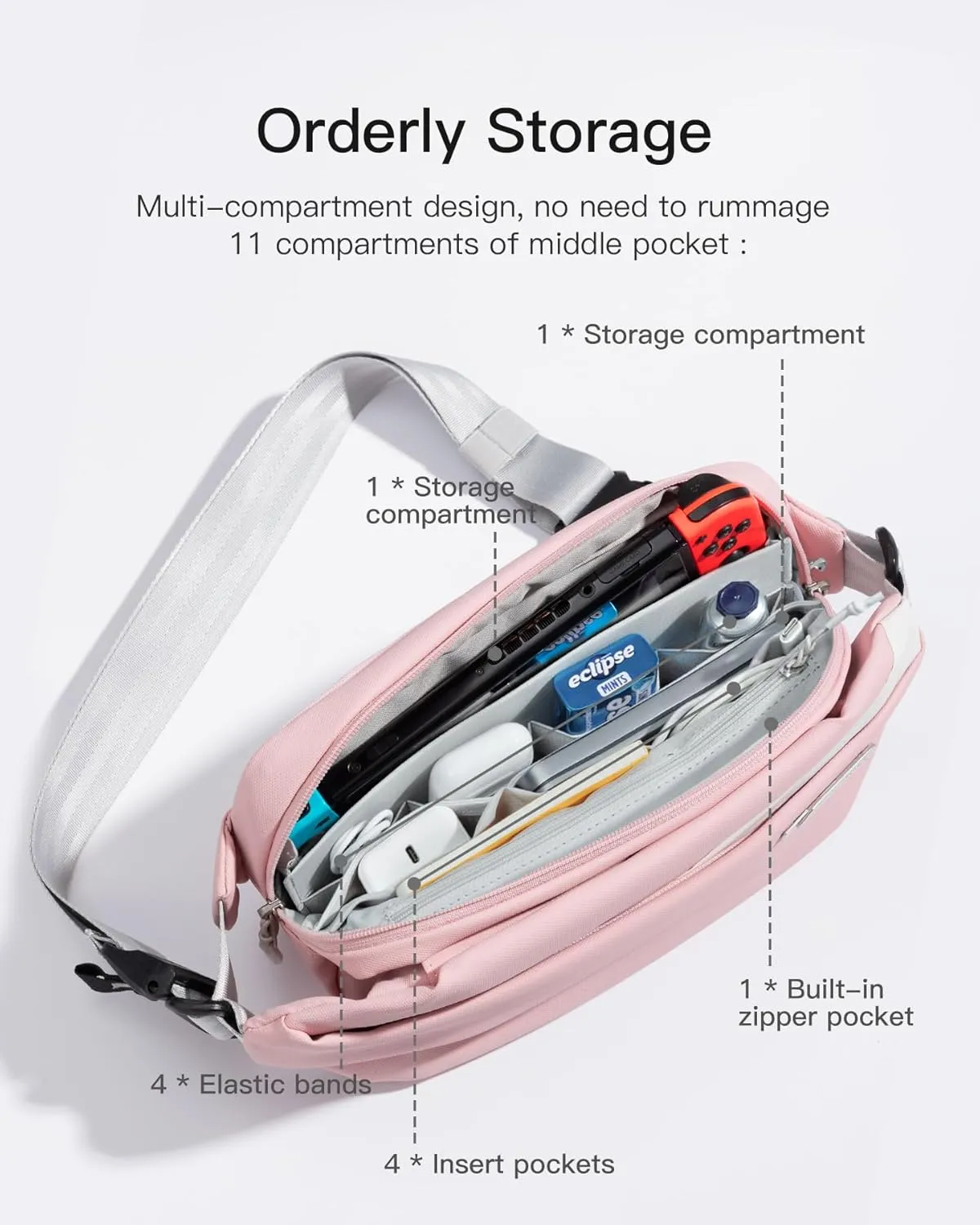 Inateck Sling Bag X, 4L Multi-pocket Crossbody Shoulder Chest Bag with Adjustable Shoulder Strap, Water-resistant Waist Fanny Pack for Men, Women, Travel, Daily Use, Cycling, Hiking, Pink, Large