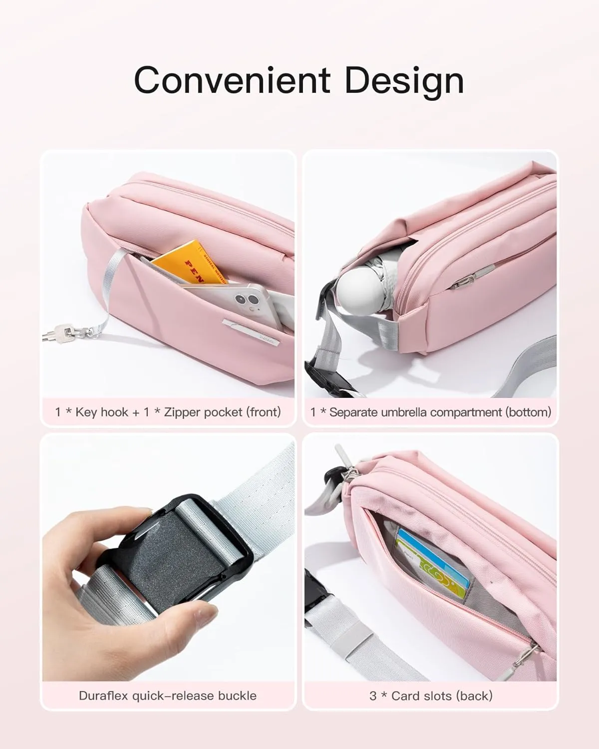Inateck Sling Bag X, 4L Multi-pocket Crossbody Shoulder Chest Bag with Adjustable Shoulder Strap, Water-resistant Waist Fanny Pack for Men, Women, Travel, Daily Use, Cycling, Hiking, Pink, Large