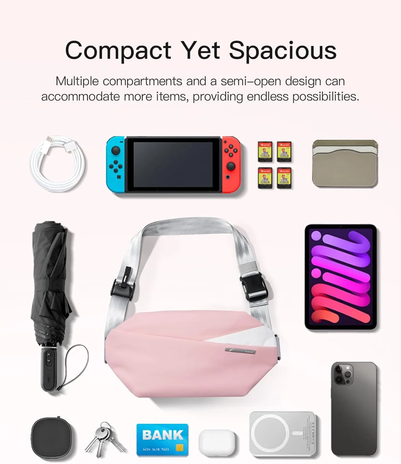 Inateck Sling Bag X, 4L Multi-pocket Crossbody Shoulder Chest Bag with Adjustable Shoulder Strap, Water-resistant Waist Fanny Pack for Men, Women, Travel, Daily Use, Cycling, Hiking, Pink, Large