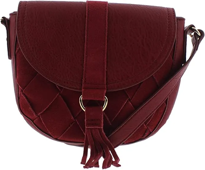 INC Womens Ella Leather Trim Tassel Saddle Bag Red Small
