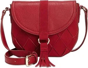 INC Womens Ella Leather Trim Tassel Saddle Bag Red Small