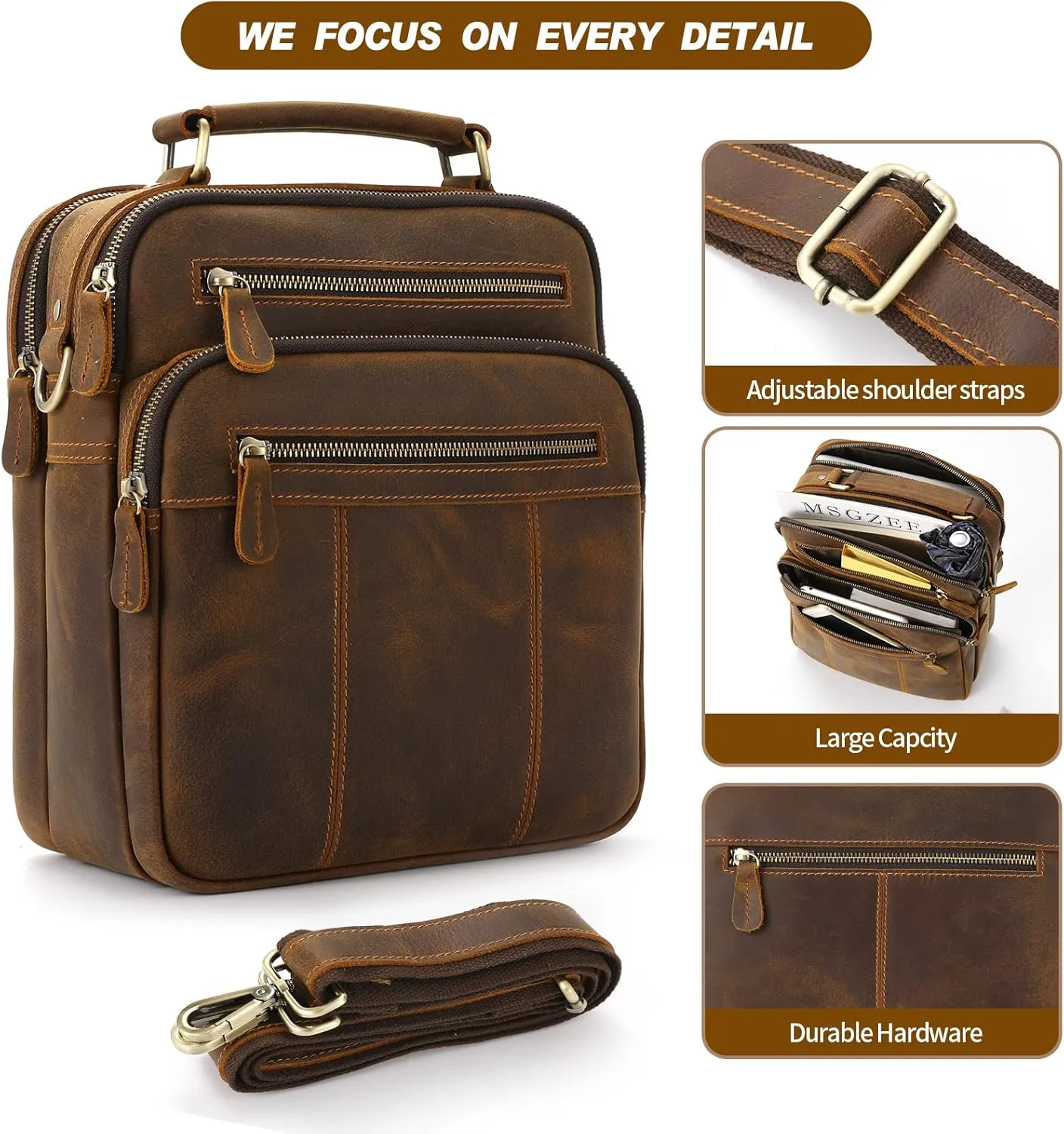 Jack&Chris Leather Man Purse Shoulder Bag,Small Mens Crossbody Messenger Bags for Work,Men Satchel Handbag…