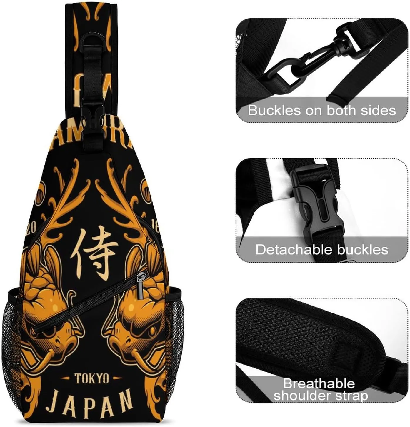 Japanese Koi Fish Sling Bag for Women Men Crossbody Shoulder Bag with Anti Theft,Multipurpose Chest Bag for Travel,Hiking,Cycling,Camping